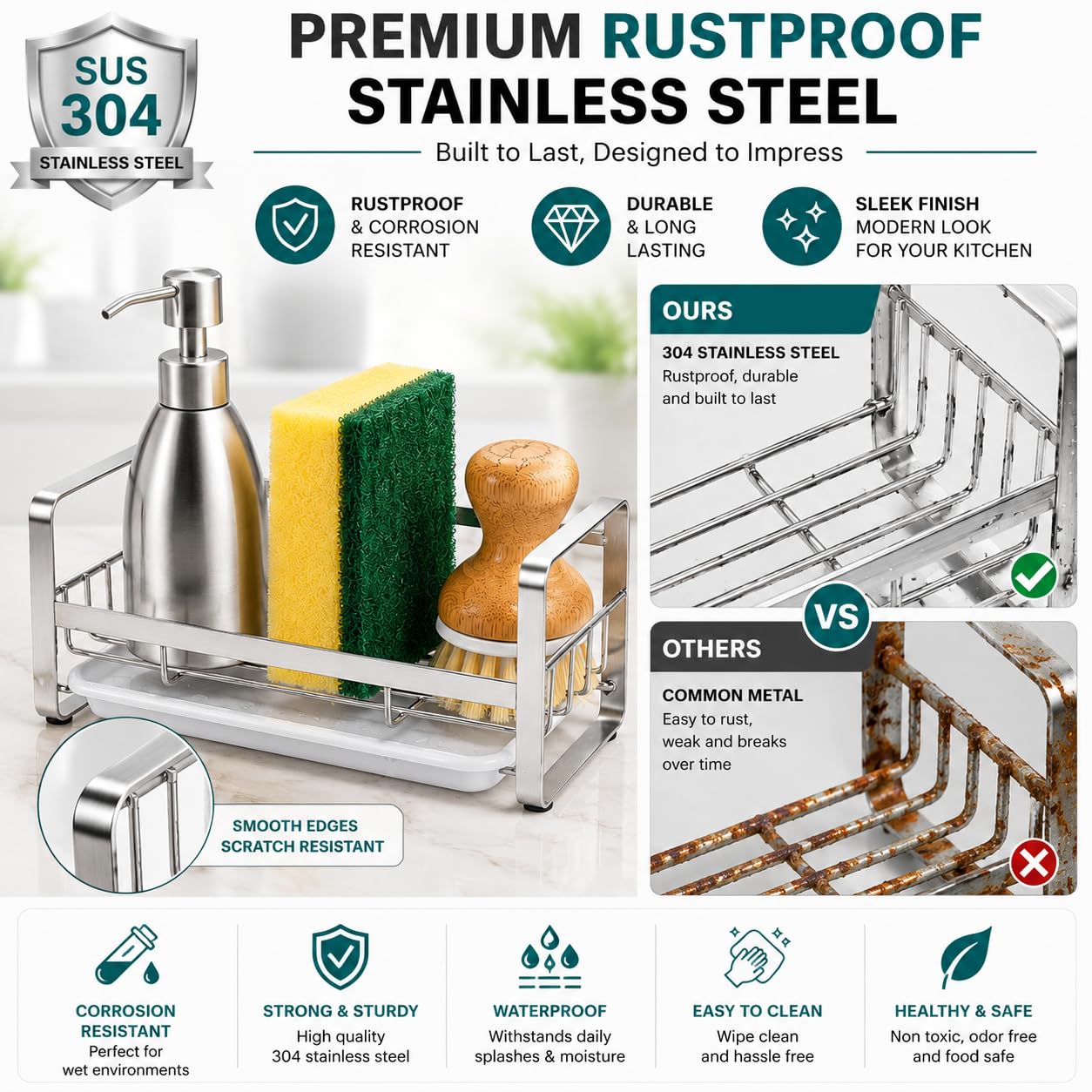 Zollyss Stainless Steel Kitchen Sink Caddy Organizer with Drain Tray | Countertop & Wall Mount Soap Sponge Holder | Rustproof Sink Organizer for Dish Brush, Soap Dispenser & Scrubber, Silver 4