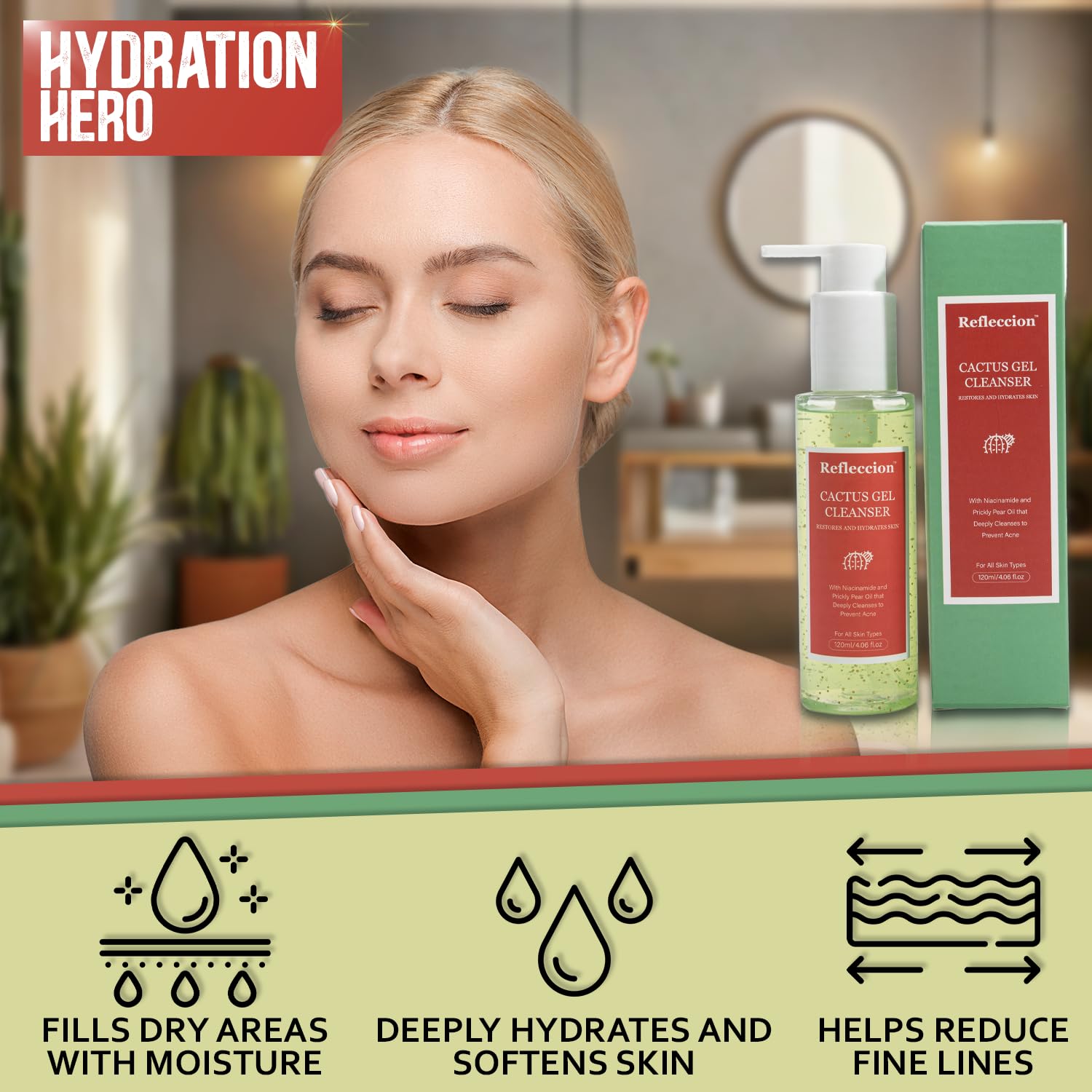 Cactus Gel Facial Cleanser-Deeply Hydrating and Nourishing For Sensitive Skin Types-With Hydrating Prickly Pear Oil & Niacinamide-Anti Aging Formula Fights Acne-Tightens Pores. - Image 2