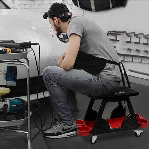 Miniatura 9 de M-AUTO Mecánico asiento de detallado de taburete, asiento móvil rodante con ruedas giratorias bloqueables, asiento de enrollador enrollable de