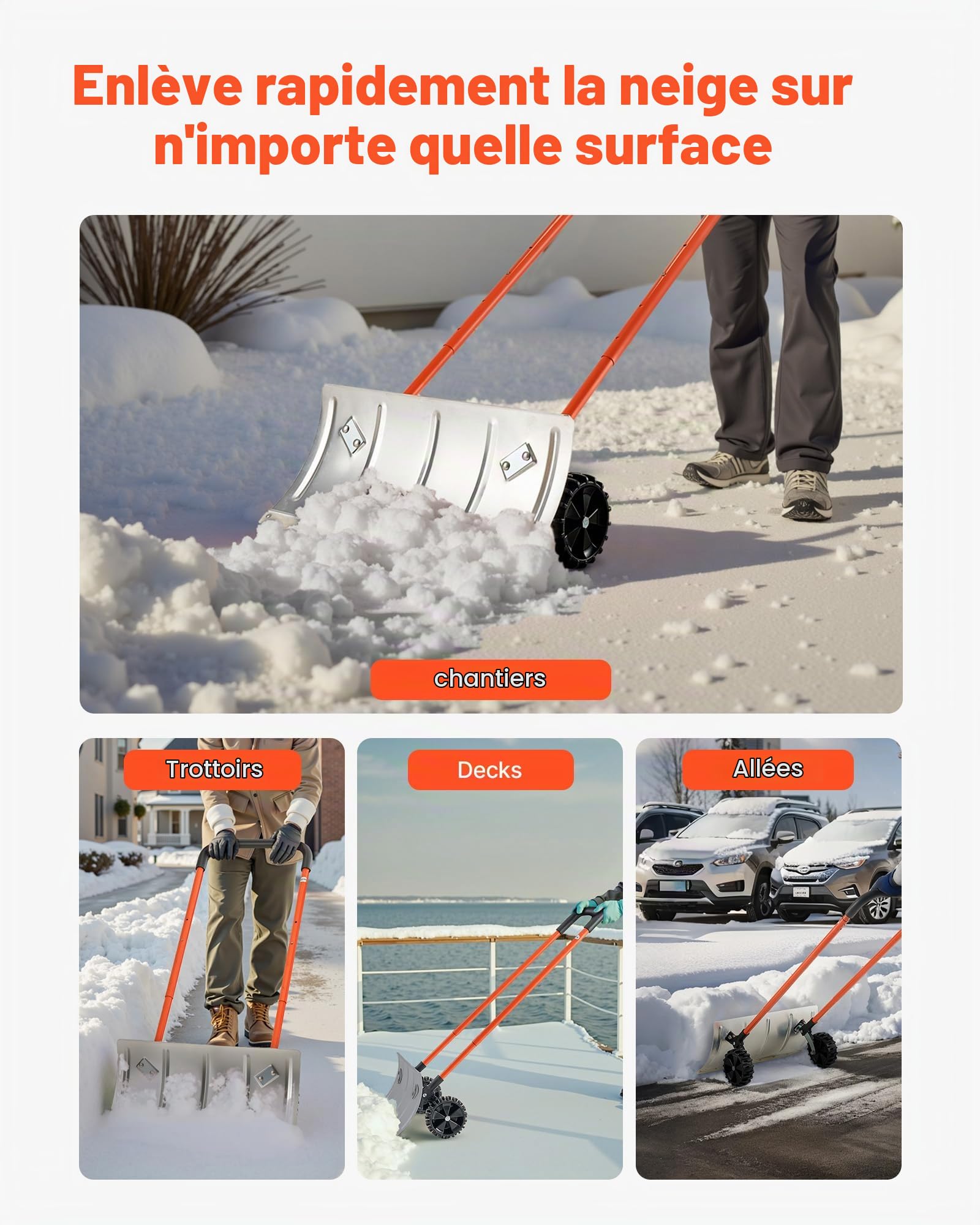 VEVOR Pelle à Neige sur Roues, 61 cm, Poussoir à Neige avec Lame Bidirectionnelle, Manche Réglable 90°, Pelle de Déneigement Métallique, Pousse-Neige Portable pour Nettoyage, Entrée, Allée, Chaussée