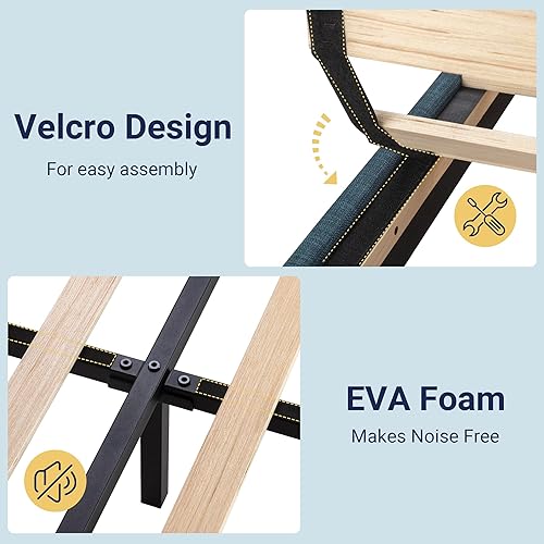 Miniatura 88 de Allewie - Base de cama tamaño King con cabecera tapizada en tela y soporte de listones de madera; base de colchón completamente tapizada; no Azul