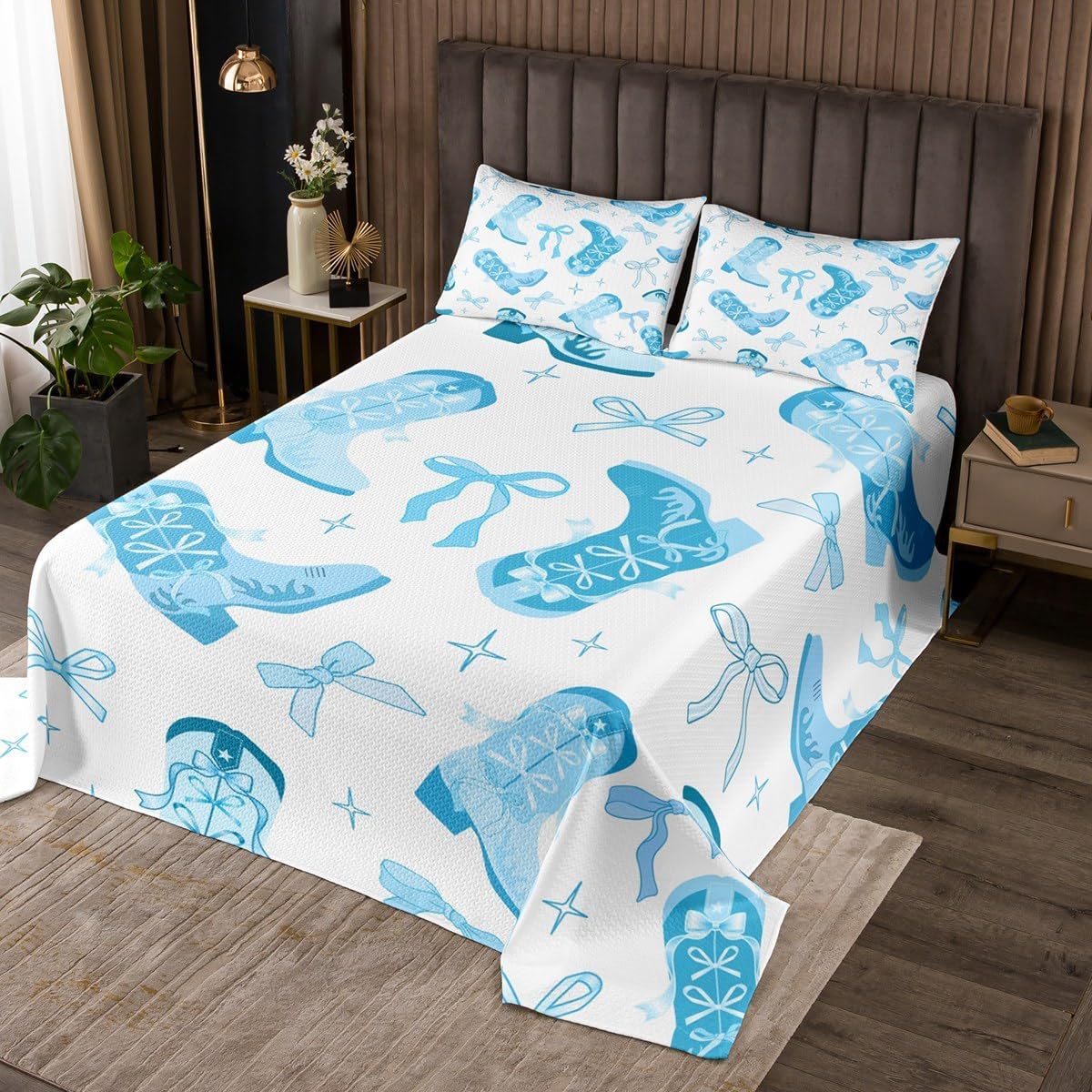 jejeloiu Western Cowgirl Bedspread Blue Bowknot Bedspread for Kids Boys Girls Cute Bow Coverlet Set Southwest Quilted Bedroom Collection 3Pcs Queen Size