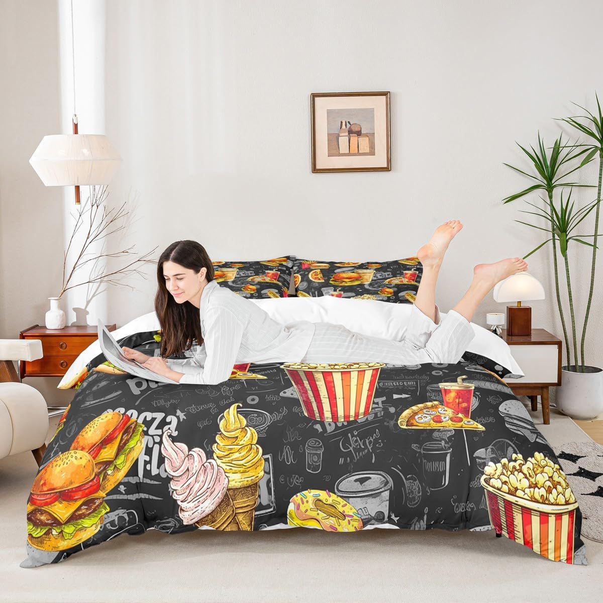 Kids Favourite Food Duvet Cover Set Queen Size,Hamburger Ice Cream Pizza Bedding,Boys Girls Home/Guest Room Decor,Graffiti Hip Hop Chic Comforter Cover,Black Cartoon Quilt Cover,3pcs,2 Pillowcases
