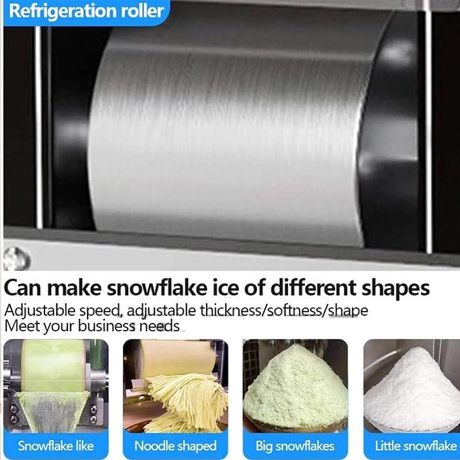 Machine À Glace Pilée Professionnelle 60 Kg, Machine À Glace Pilée Électrique avec 2 Barils, Rouleau Réfrigérant De 8 Cm, Épaisseur Réglable, Refroidissement Rapide, pour Snacks Et Glaciers