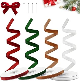 ベルベットリボン - ギフトラッピング用クリスマスリボン 4色 3/8インチ x 10ヤード - ヴィンテージクリスマス装飾オーナメントリボン作り - レッド、グリーン、ホワイト、カーキ