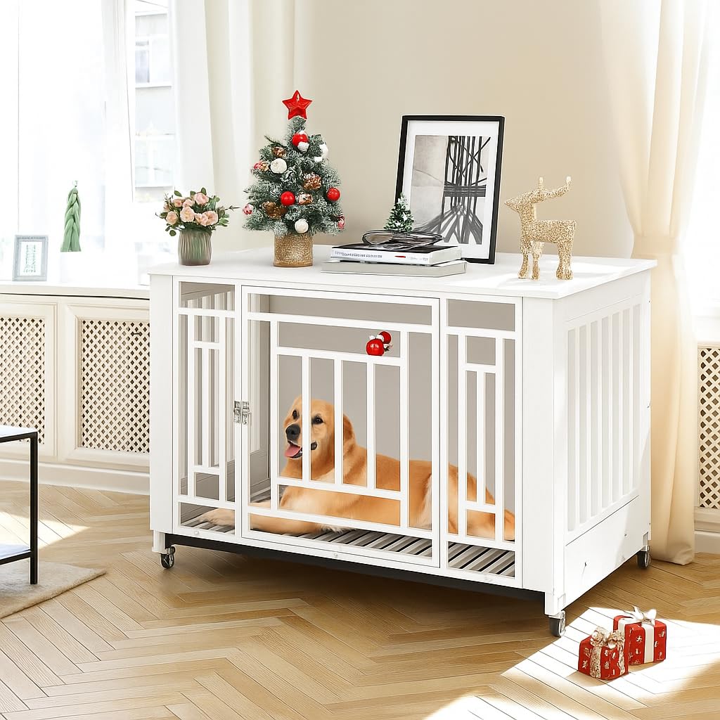 YITAHOME Dog Crate Furniture in a bedroom setting with a Labrador inside.