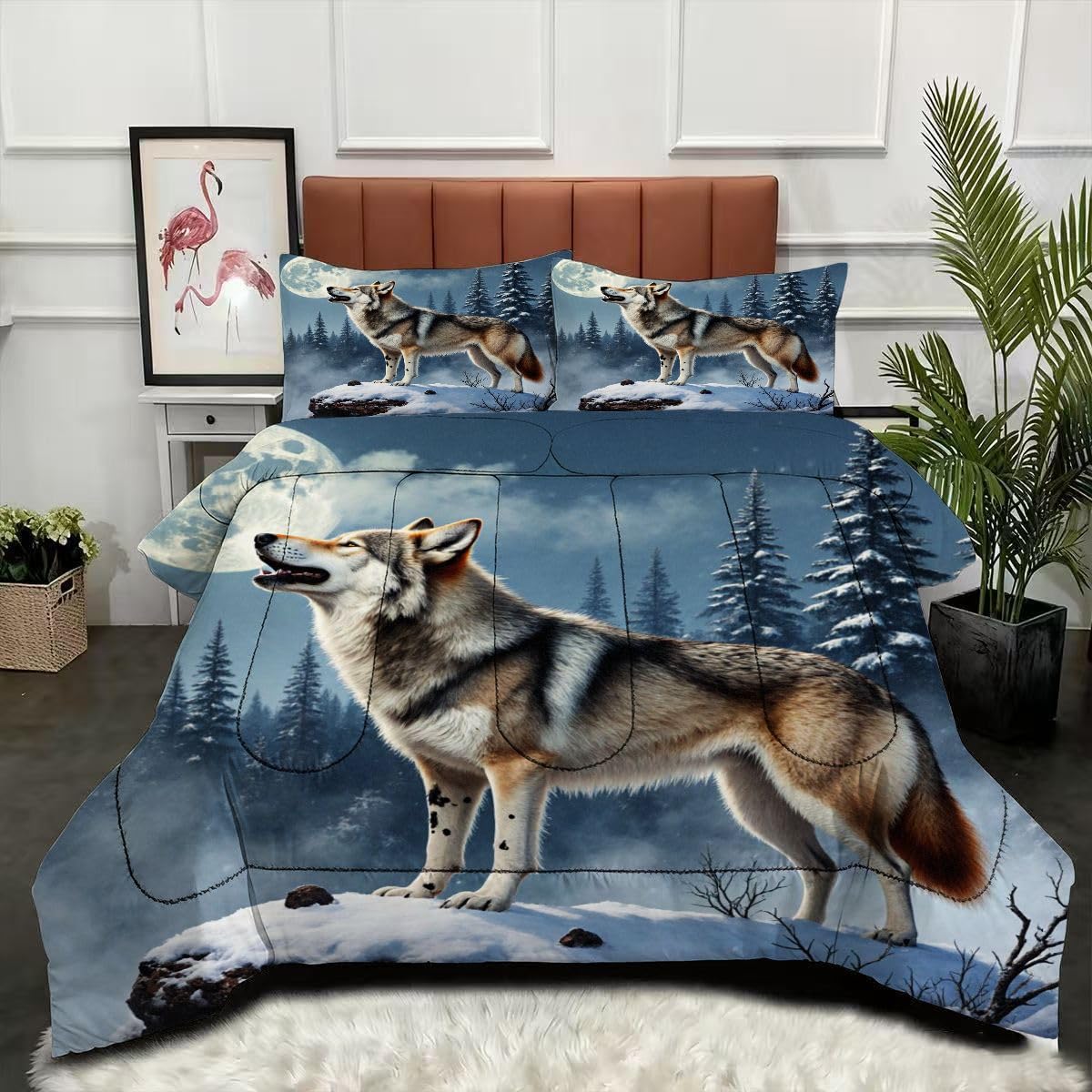 Couette sans housse 220x240 cm réversible 4 saisons motif loup pour un entretien facile