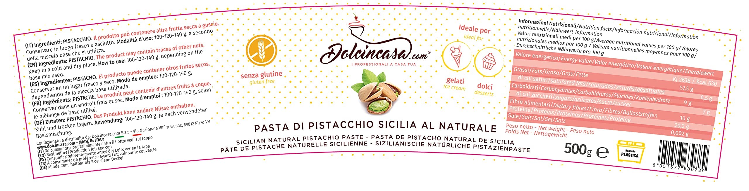Dolcincasa-com Pasta de Pistacho Sicilia 100% Pura Natural Sabrosa Suave Versátil sin Colorantes para Helados Pastelería Uso Doméstico y Profesional Paquete de 500g Sin Gluten