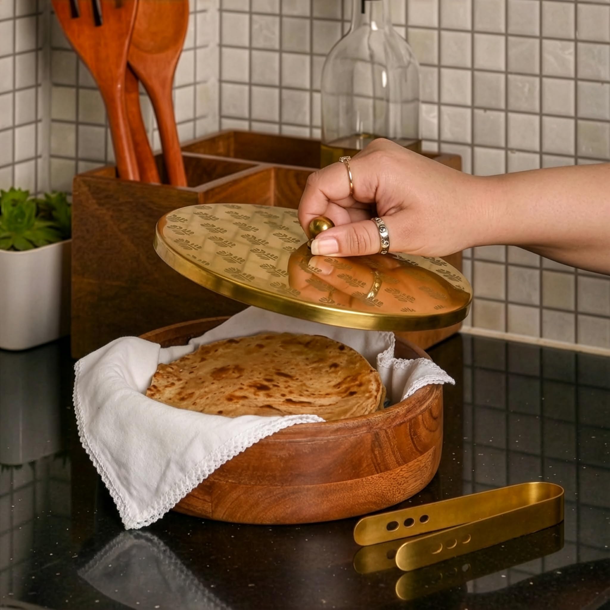 Decor & More Handcrafted 9 x 9 x 2.5 Inches Mango Wooden Casserole with Stainless Steel Lid +Tong (6 Inch) with Cotton Cover for Roti Box, Chapati Box | Roti Box for Kitchen (Floral Leafs)