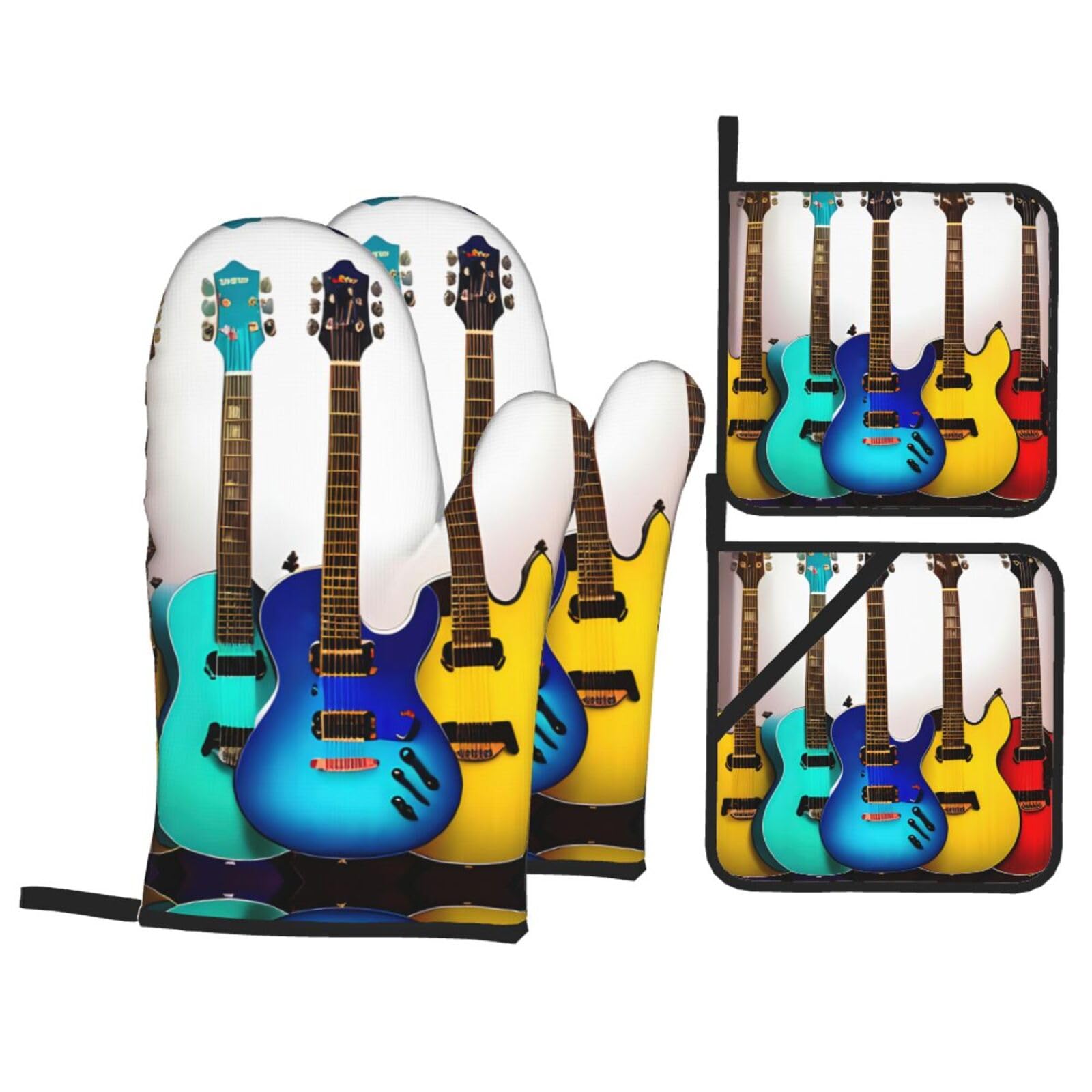 Colorful Guitars Print Stylish 4-Piece Microwaving Oven Waterproof Kitchen Gloves Baking Holiday Cooking