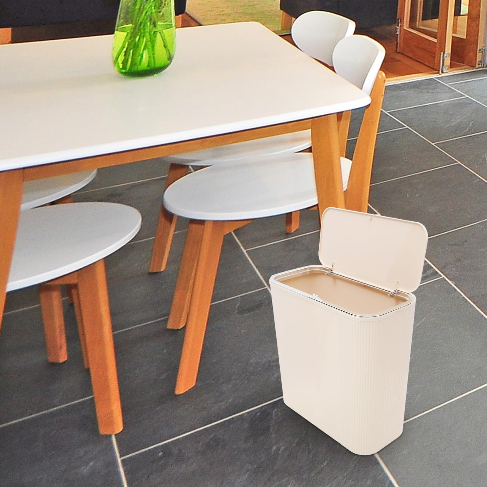Cestino per Rifiuti in Pet con Coperchio per Ufficio e Camera da Letto, Contenitore Spazzatura Beige Riutilizzabile per Interni