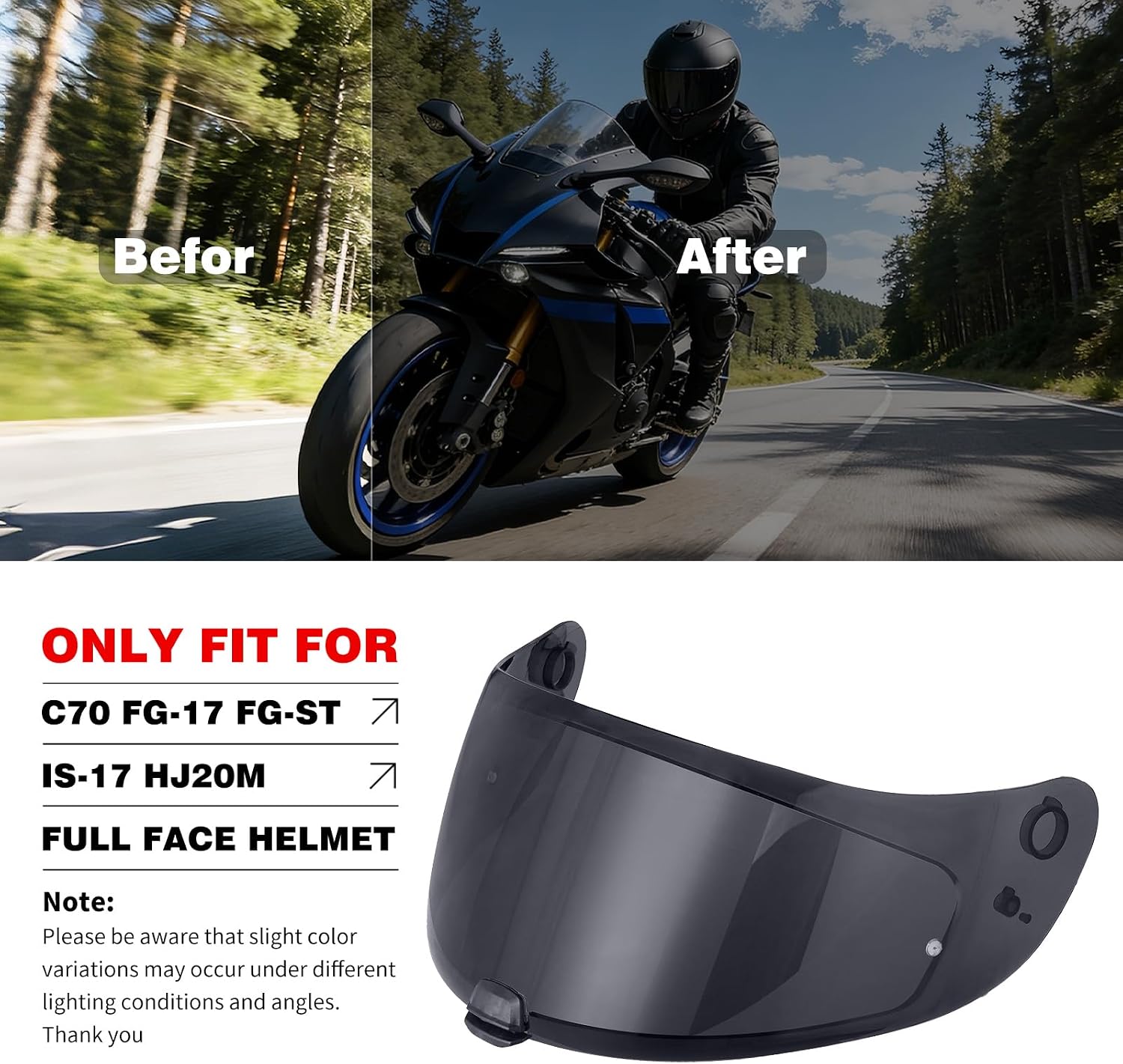 VCOROS C70 Motorcycle Helmet Shield For FG-17 FG-ST IS-17 HJ20M Full Face Helmet Visor Shield Accessories (Black)
