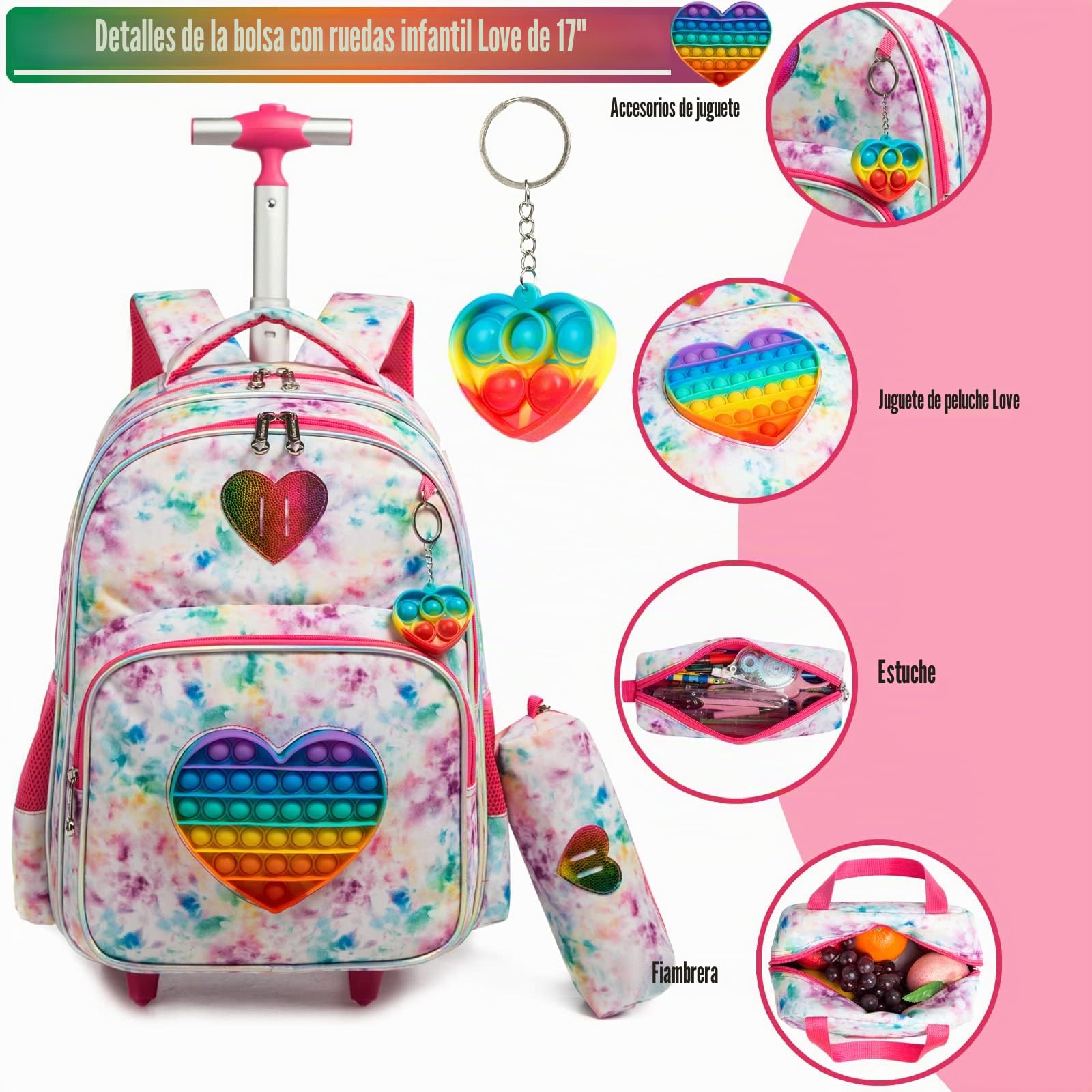 Mochilas Escolares con Ruedas Para Niñas,3PCS Mochila Carro Bolsa del Almuerzo y Estuche de Lápices Bolsos Escolares Para Chicas,17" Maleta Niños con Ruedas de Viaje Juguete de Love Mochila Para Niñas
