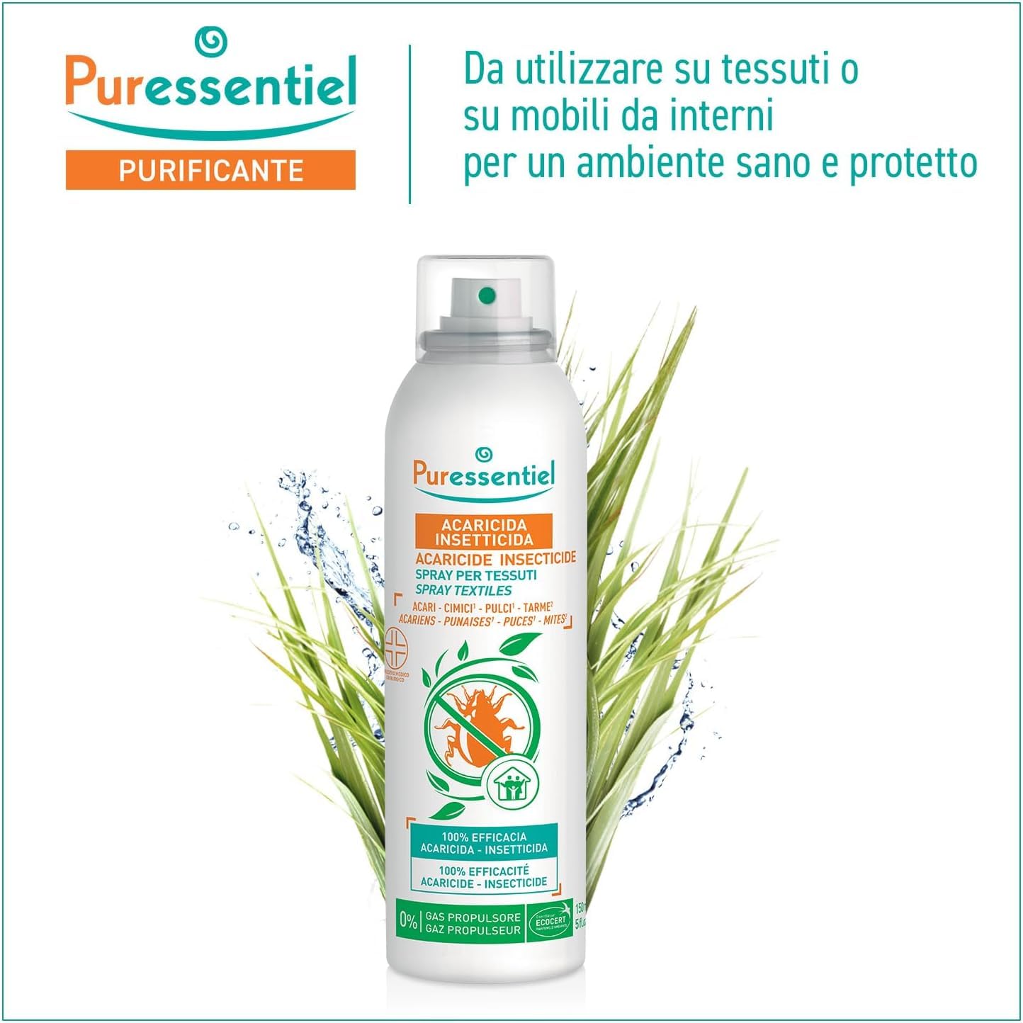 N.2 Acaricida Spray Insetticida da 150ml per tessuti, Presidio Medico Chirurgico, Profumo fresco e gradevole