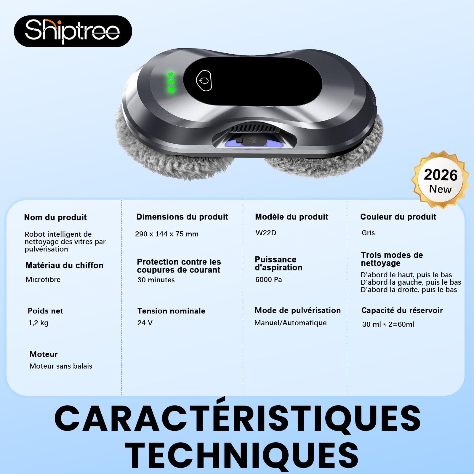 Robot Lave Vitres 2026 Version Améliorée, Double Buse, 3 Modes de Nettoyage, Planification de Trajet pour Entretien des Vitres & Surfaces Vitrées W22D
