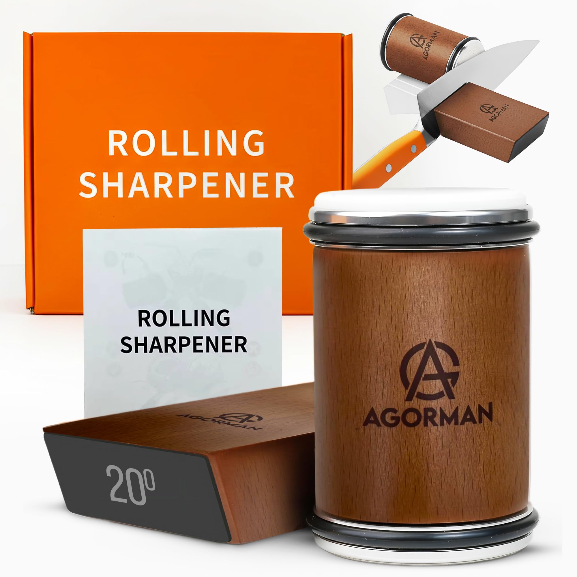 AGORMAN Rolling Knife Sharpener Kit, Diamond-Based Knife Sharpener Roller for All Steel Knives, Two-Angle Magnetic Sharpener for Kitchen Knives