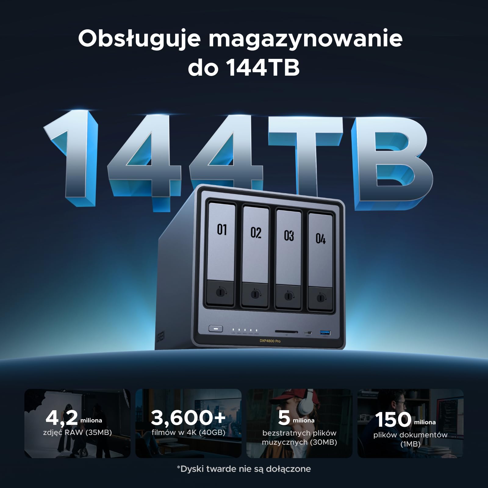 UGREEN NASync DXP4800 Pro NAS Stołowy 4 Gniazda, Procesor Intel i3-1315U 6 Rdzeni, 8GB Pamięć RAM DDR5 do 96GB, 128GB SSD, 1x 10GbE, 1x 2,5GbE, 2x Gniazda M.2 NVMe, HDMI 4K (Bez Dysków)