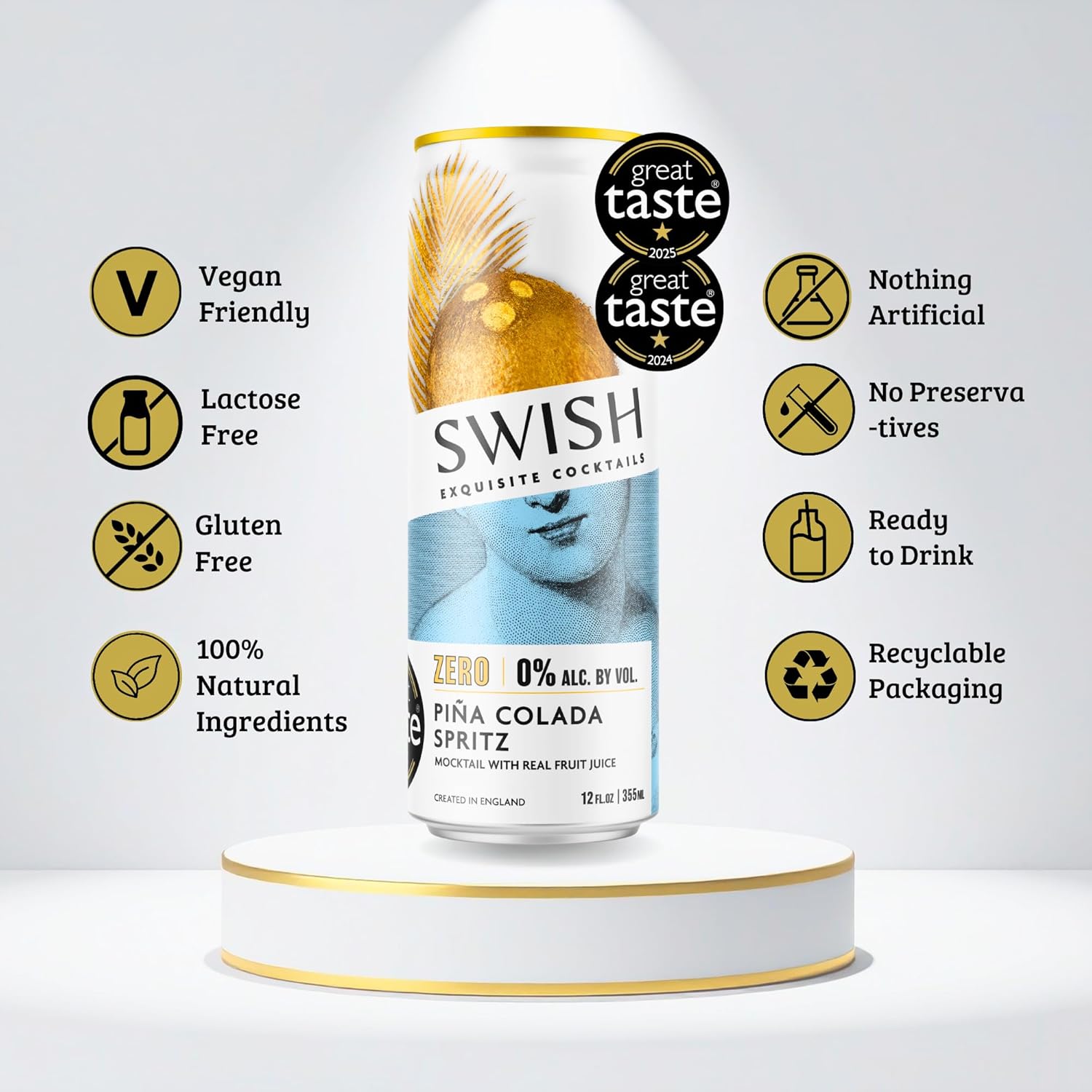 SWISH – 0.0% Alcohol-Free Mocktails - Pina Colada Spritz - No Artificial Ingredients, No Preservatives - Sparkling - Ready To Drink - 6 x 12 fl oz