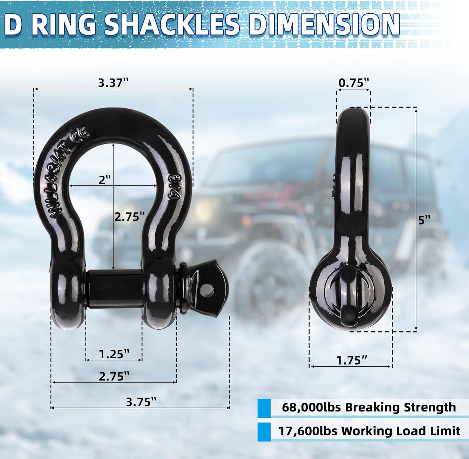 LLCC Heavy Duty Recovery Tow Strap Kit: 3in x 30ft, 35000lb Break Strength with 3/4in Forged D Ring Shackles (2pcs, 68000lb), Storage Bag - Offroad Accessories for Overlanding, 4x4, Towing