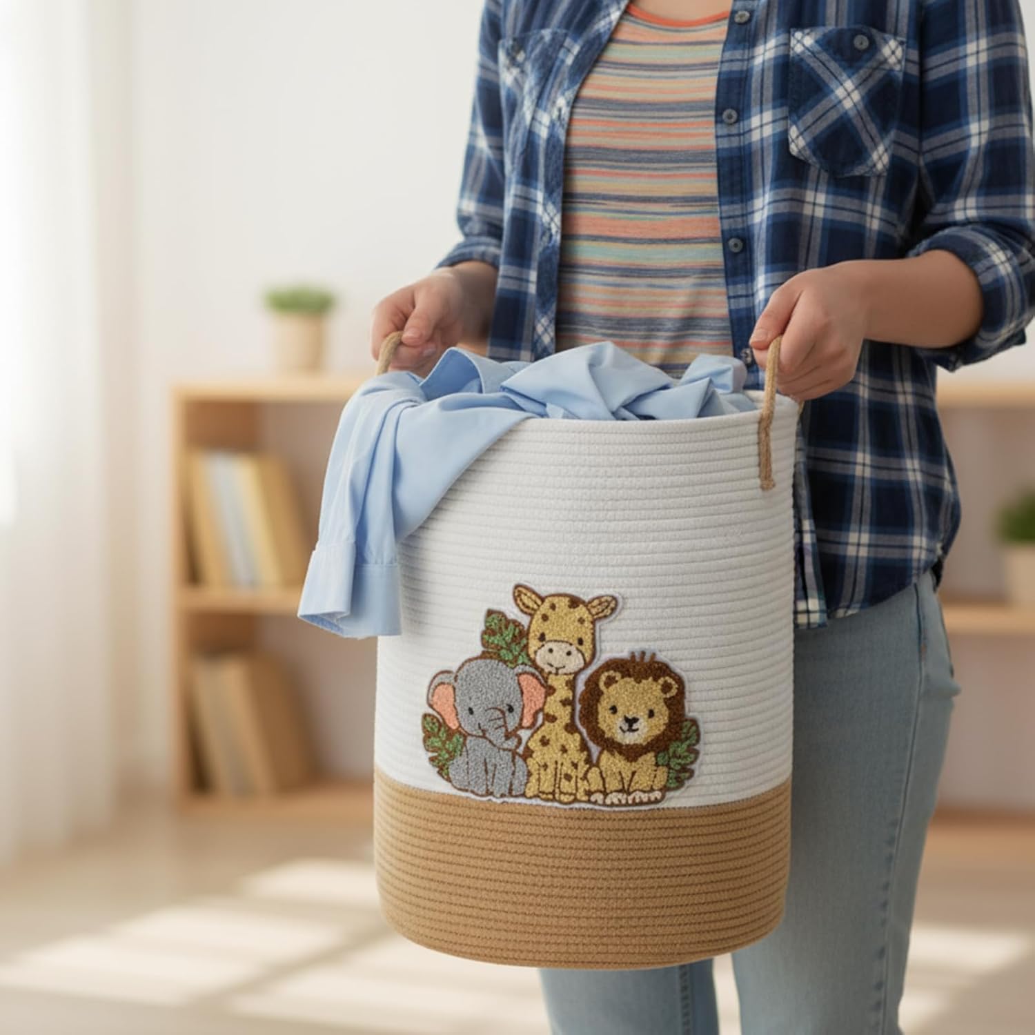 LemonRoad Wild Animals Laundry Hamper Large Cotton Rope Storage Basket Woven Storage Bucket with Handles for Bathroom Bedroom Nursery Toy Clothes Organizer, 60 L - Image 6