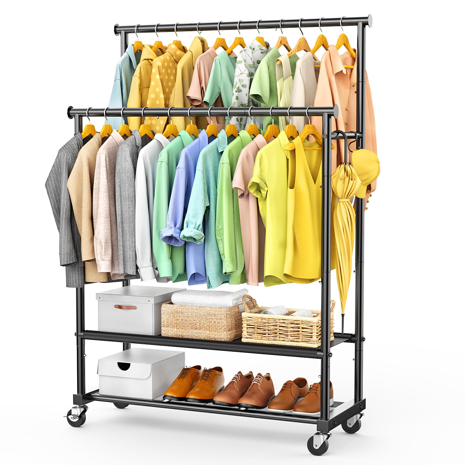 Clothes Rack with Double Rod for Hanging Heavy Duty Clothing Rack Load 350 LBS with Lockable Wheel Free