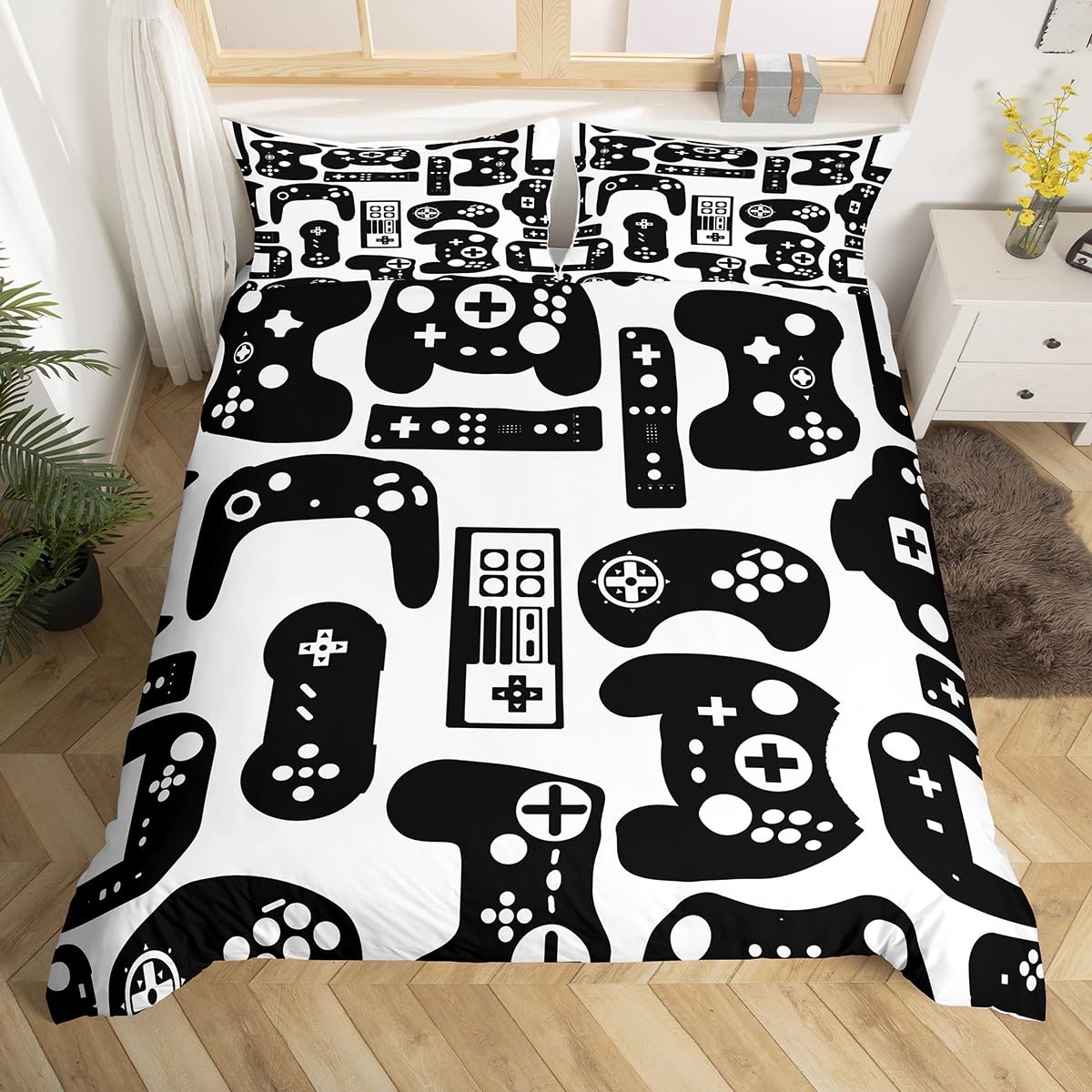Kids Game Room Decor Bedding Set Single,Boys Man Gamer Duvet Cover,Child Gamepad Comforter Cover Girls Pixel Vintage Videogame Controller Design,Bedroom with 1 Pillow Shams Buttons,Black White