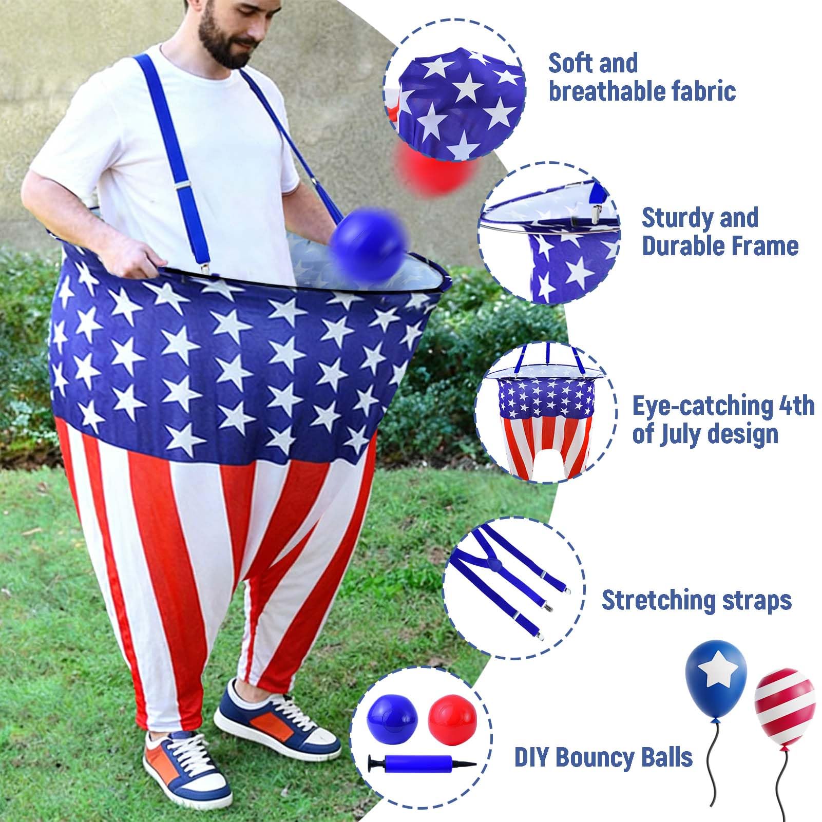 Patriotic Granny Pants Gioco da cortile per adulti Giorno dell'Indipendenza Nonna Pantaloni Giochi Bandiera Americana Anello Gioco di lancio con pompa, Palline blu e rosse 4 luglio Gioco di lancio per