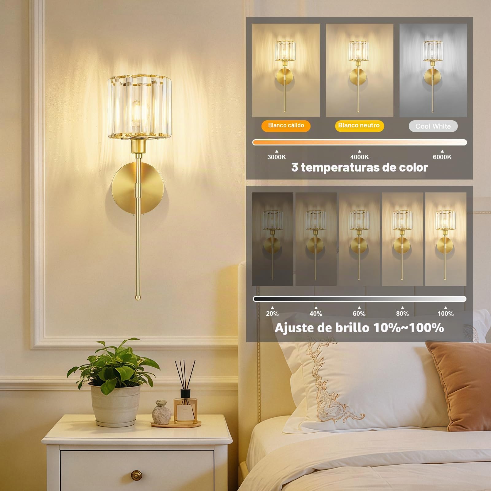 Kimjo Aplique Pared Interior Sin Cable de Cristal, Lampara Pared Recargable | 4000mAh Dorado Aplique Pared Recargable, USB-C Dimmable Lámparas de pared con Mando a Distancia, Temporizador, 2 Pieza