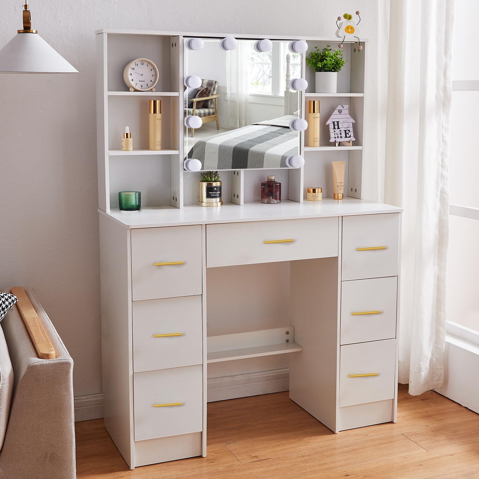 39" Vanity Desk with Mirror and Lights, White Vanity Table with 7 Drawers & 9 Storage Shelves, Hollywood Lighted Mirror with10 Dimmable Blubs, Makeup Table Vanity for Teen Girls Women H3240