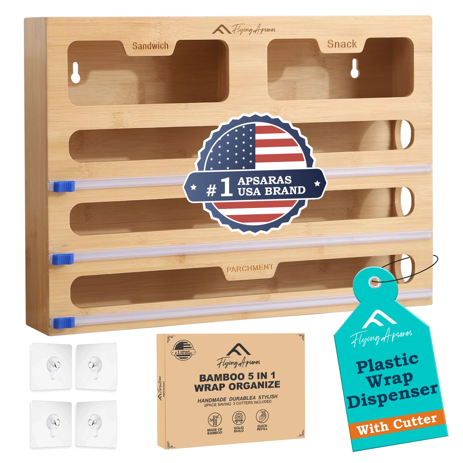 Organizador de envolturas de cocina hecho en madera de bambú pulida con etiquetas