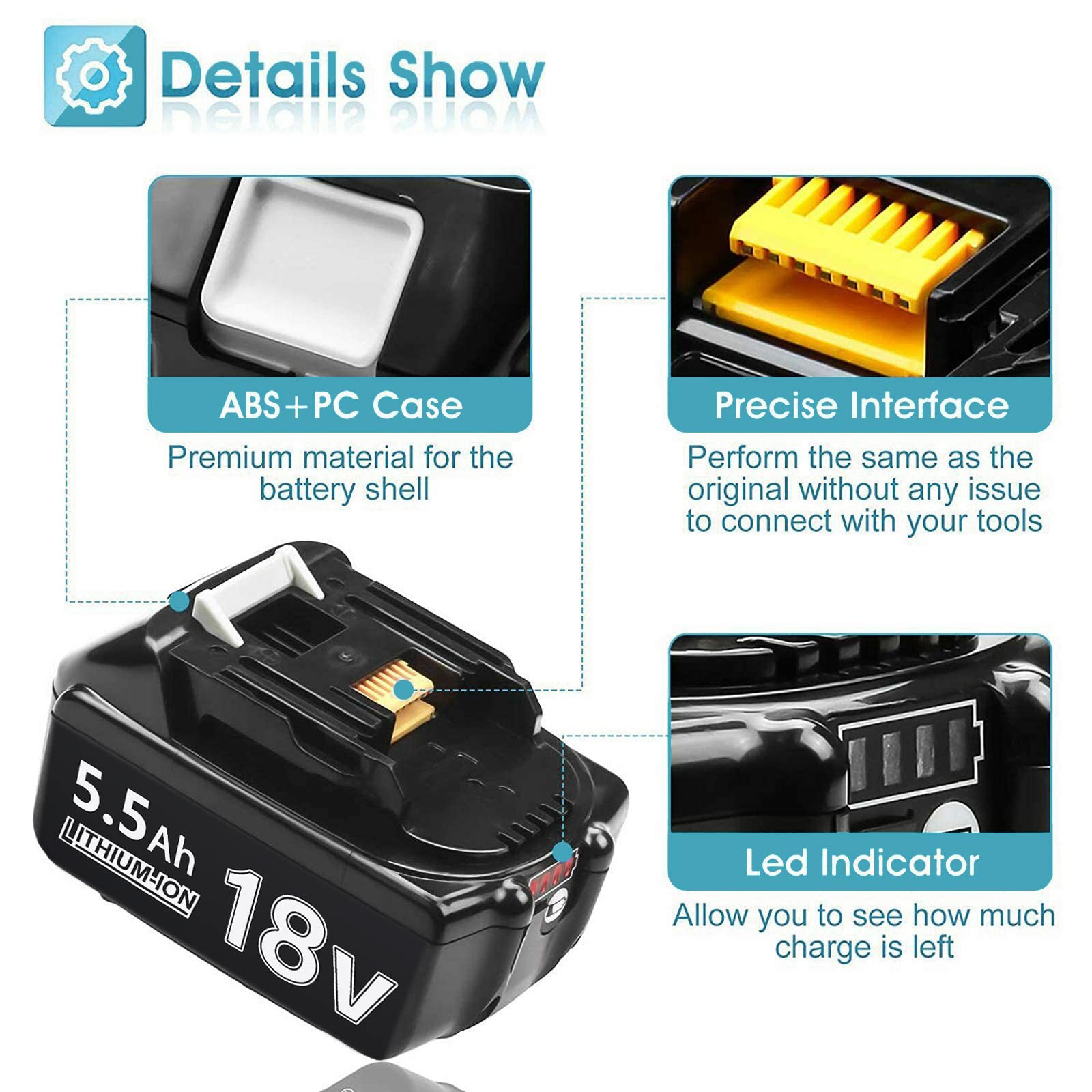 Lot De 4 Batteries 18V 5500mAh Pour Makita - Remplacement BL1850B, BL1860, Etc. - Li-ion Avec Indicateur LED