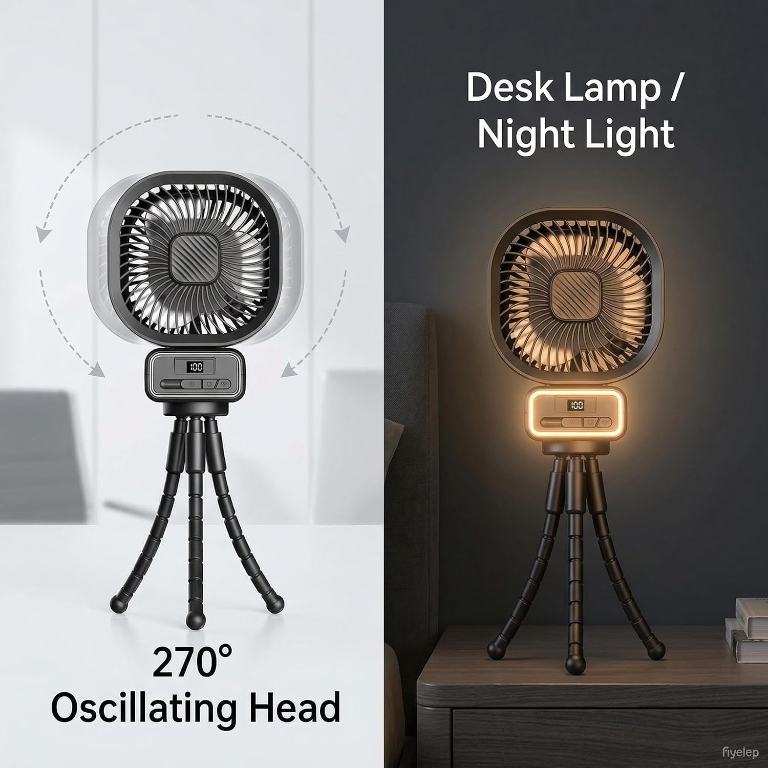 3 in 1 Desk Fan with Detachable Stand, Stroller Fan for Baby, Turbo Table Fan for Bedroom With Desk Lamp, 270° Oscillating Head 100-Speed Digital Display, Silent (Black)