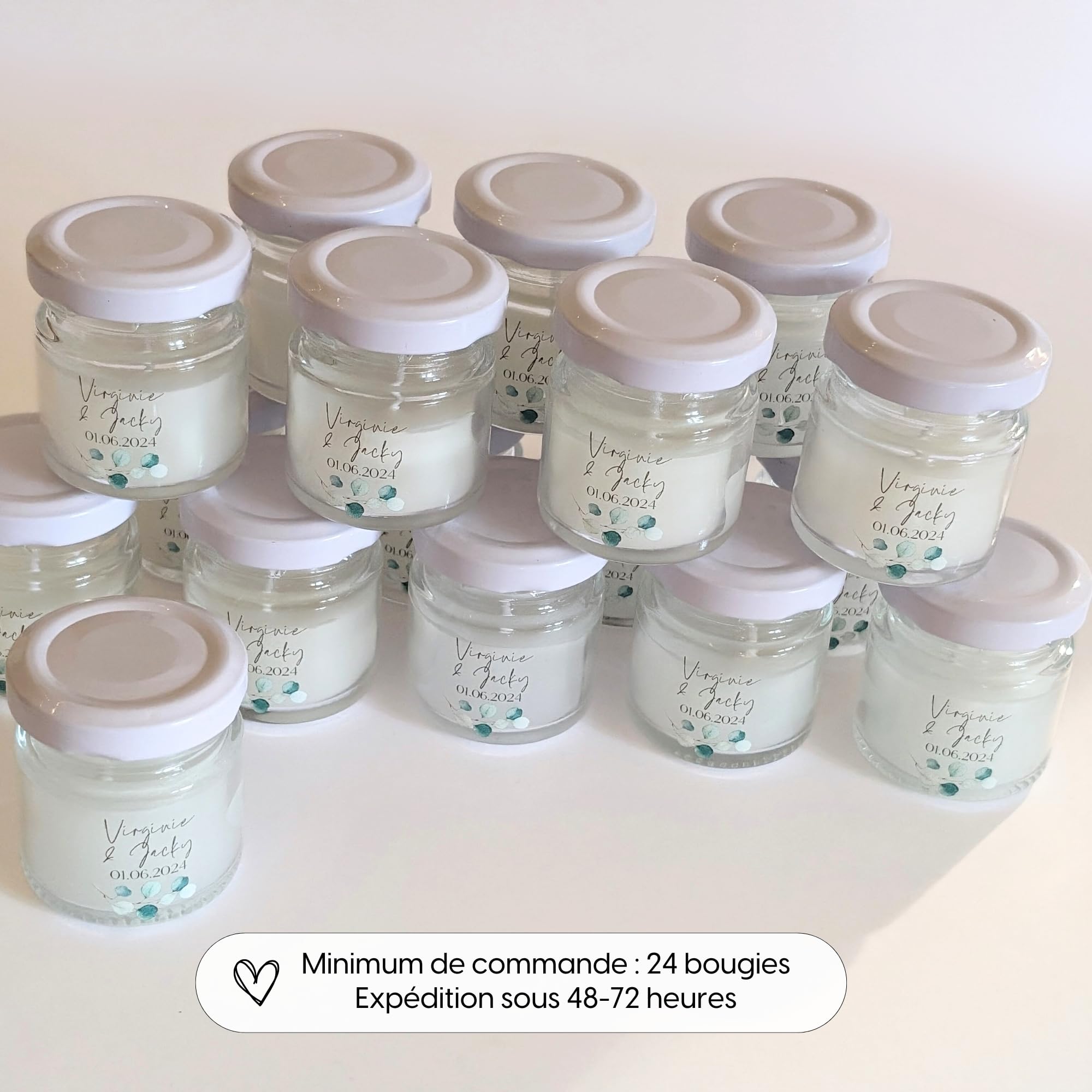 24 Bougies Personnalisées TE Whaka - Cadeau Invité Mariage, Baptême - Cire Soja Parfum Freesia - 10h