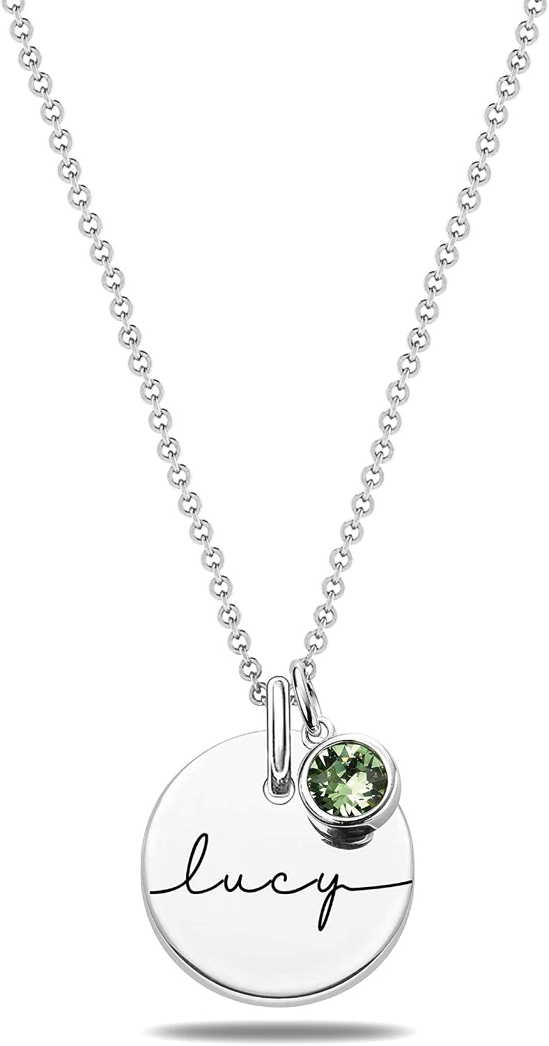 LeCalla Personalized Pendant Necklace for Women | Customized Family Circle Disc Birthstone with Heart Charm Couple Name Necklace | Engraved Name & Message Necklace Pendant for Women Teen