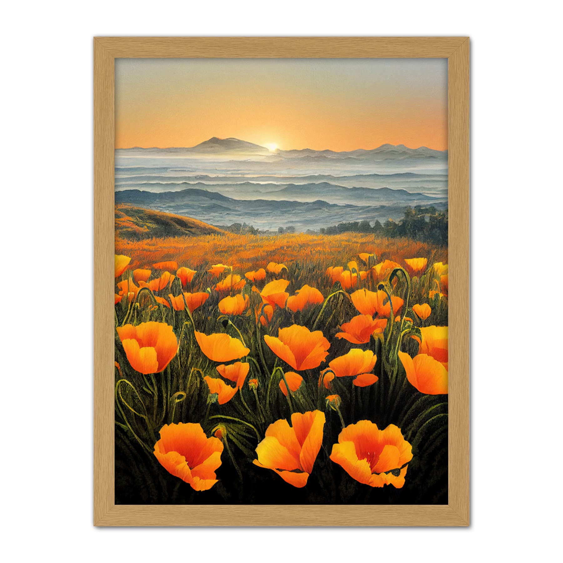 Doppelganger33 LTD Shoreline California Poppies At Sunrise Painting Artwork Framed Wall Art Print 18X24 Inch