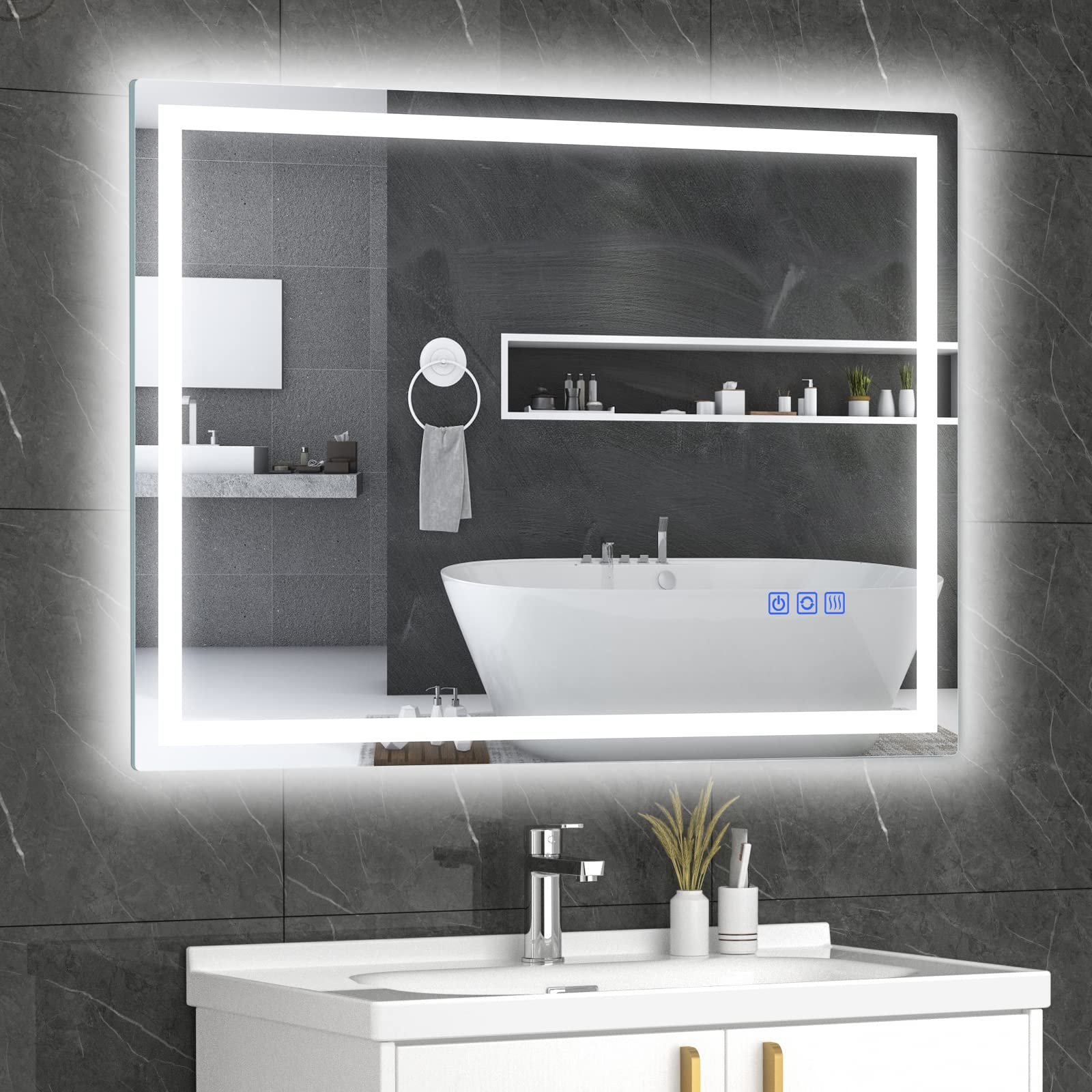 Espejo de baño con iluminación, 90 x 70 cm, con interruptor táctil, 3000 K-6000 K, espejo de baño con iluminación, 10 % - 100 % brillo LED espejo con antivaho, función de memoria, IP54