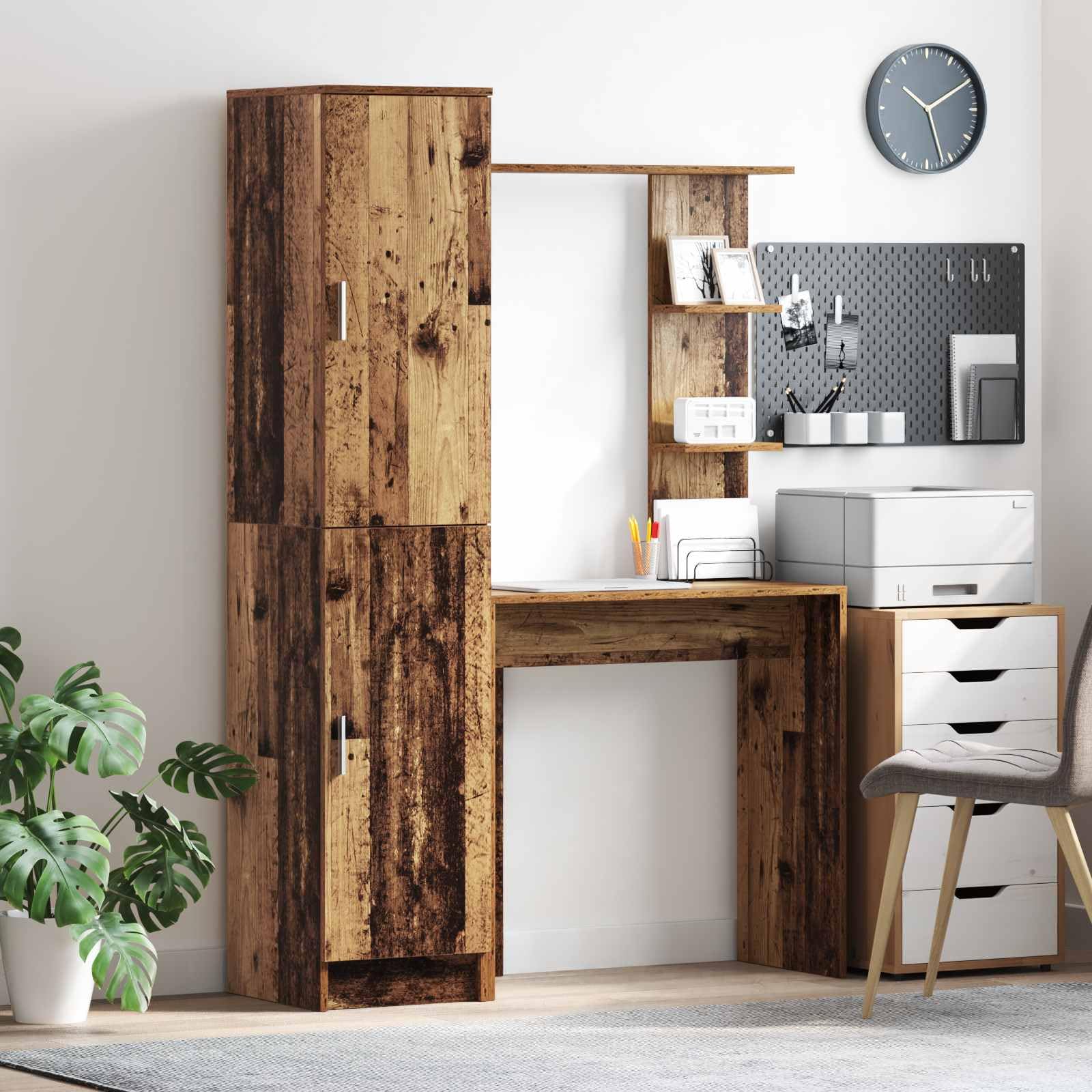 Scrivania in legno anticato, 2 pezzi, con ripiani e cerniere, moderna scrivania da ufficio per casa e studenti, tavolo da lavoro autoportante con spazio di archiviazione