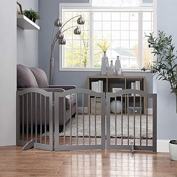 unipaws Freestanding Dog Gate with 2pcs Support Feet, Foldable Pet Gate for Stairs, Decorative Indoor Pet Barrier with Arched Top, Grey (3 Panels, 20 inches Wide, 24 inches High)