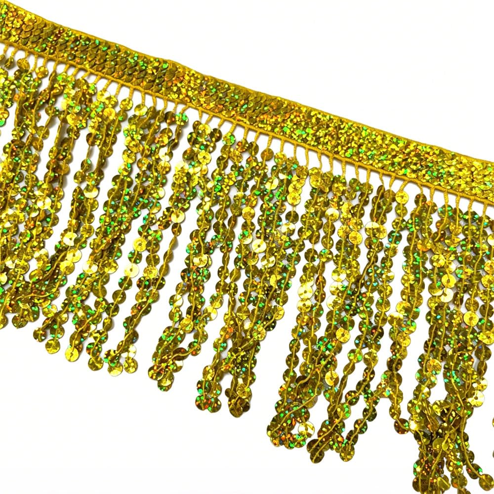 Gold Sequins Tassel Fringe Trim, 15cmx1Yard Sparkling Fringe Trim Tassel Ribbon for DIY Crafting Clothing