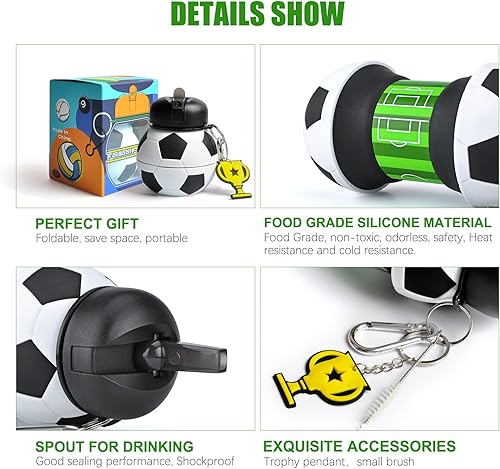 Vista 5 de Louis Donné Botellas de agua plegables de silicona, botellas de agua de 19 onzas, botella de agua plegable para niños pequeños, estilo fútbol