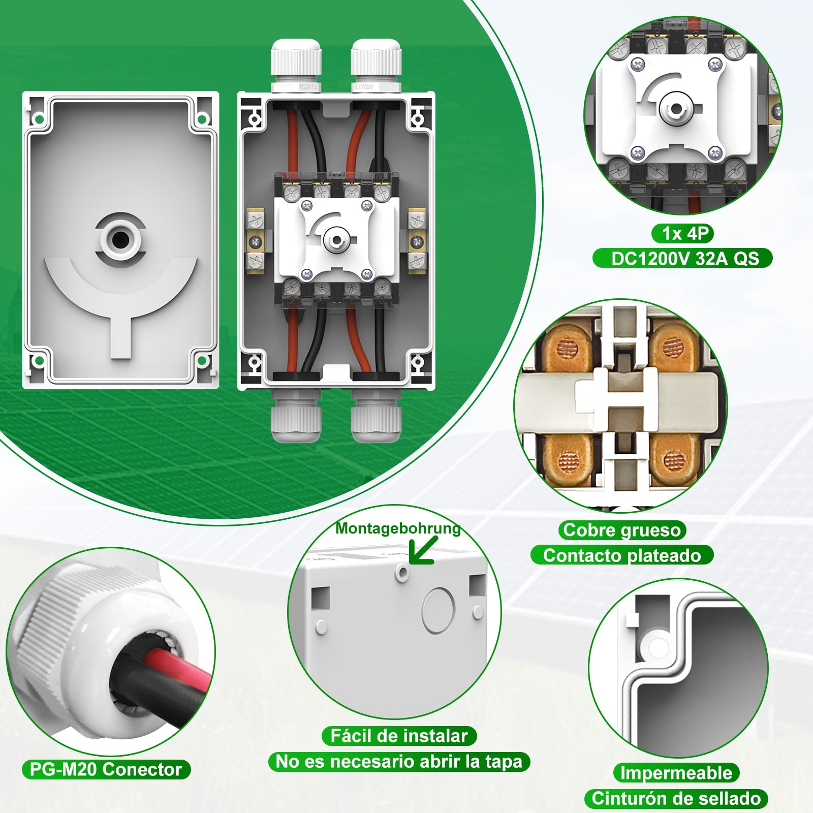 Disyuntor Fotovoltaico DC1200V 32A 1 o 2 Cuerdas IP66, Interruptor de Desconexión Solar para Paneles Solares, Sistemas Off/Grid, RVs, Barcos