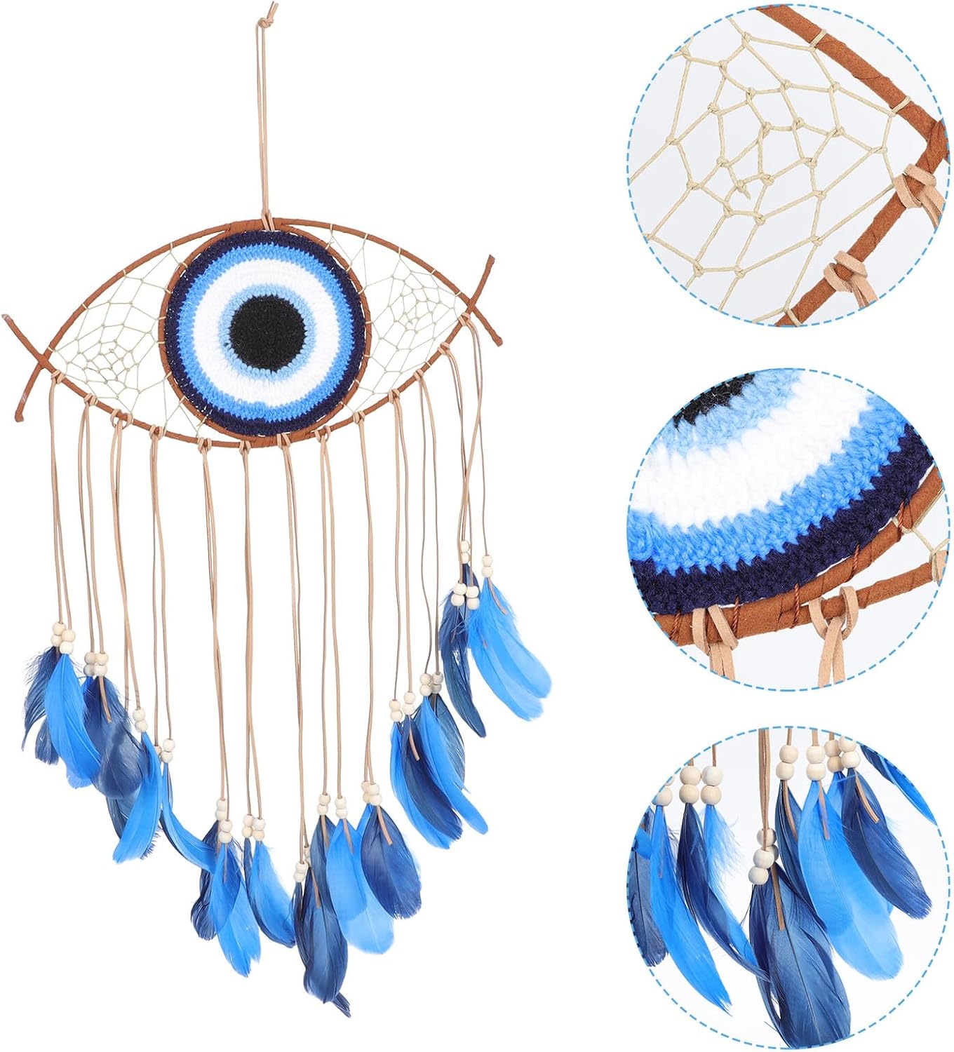 Yardwe Eye of The Devil Dream Catcher Wall Hanging Ornament with Delicate Plume Pendant Indoor Room Decor for Bedroom and Living Room