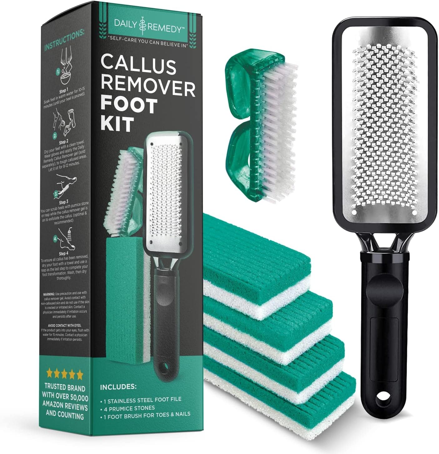 DAILY REMEDY Foot Callus Remover Set - Includes 1 Stainless rasp Foot File, 4 Premium Pumice Stone and 1 Nail Brush, Best Foot Care Pedicure Tools to Remove Hard Dry Skin (Green)