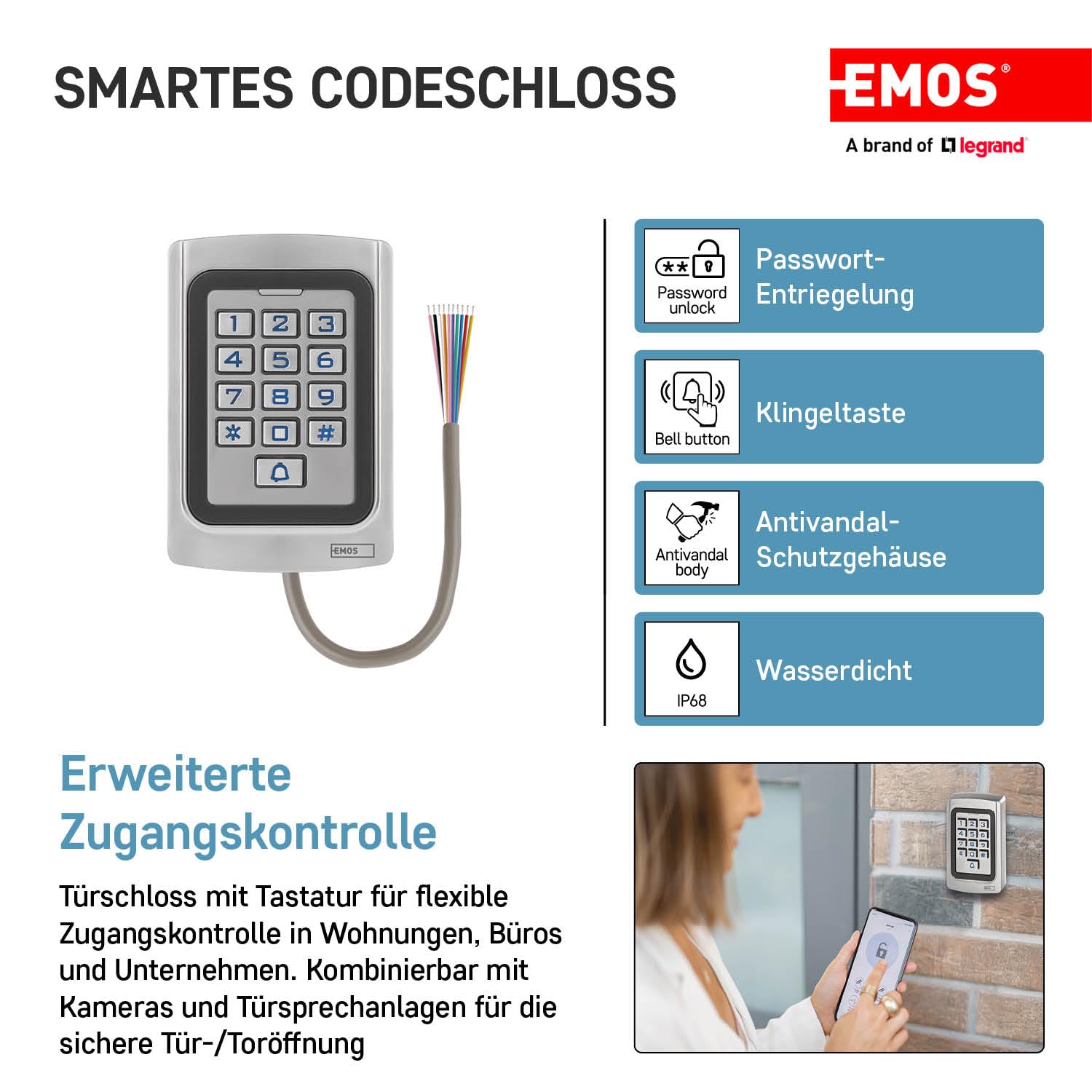 EMOS Gosmart Zugangskontrolle-Tastatur mit integriertem RFID Lesegerät und App, Smart Home Codeschloss für Türe und Tore, wasserdichte Schloss-Tastatur für RFID Karte/Chips, Tür Access Control