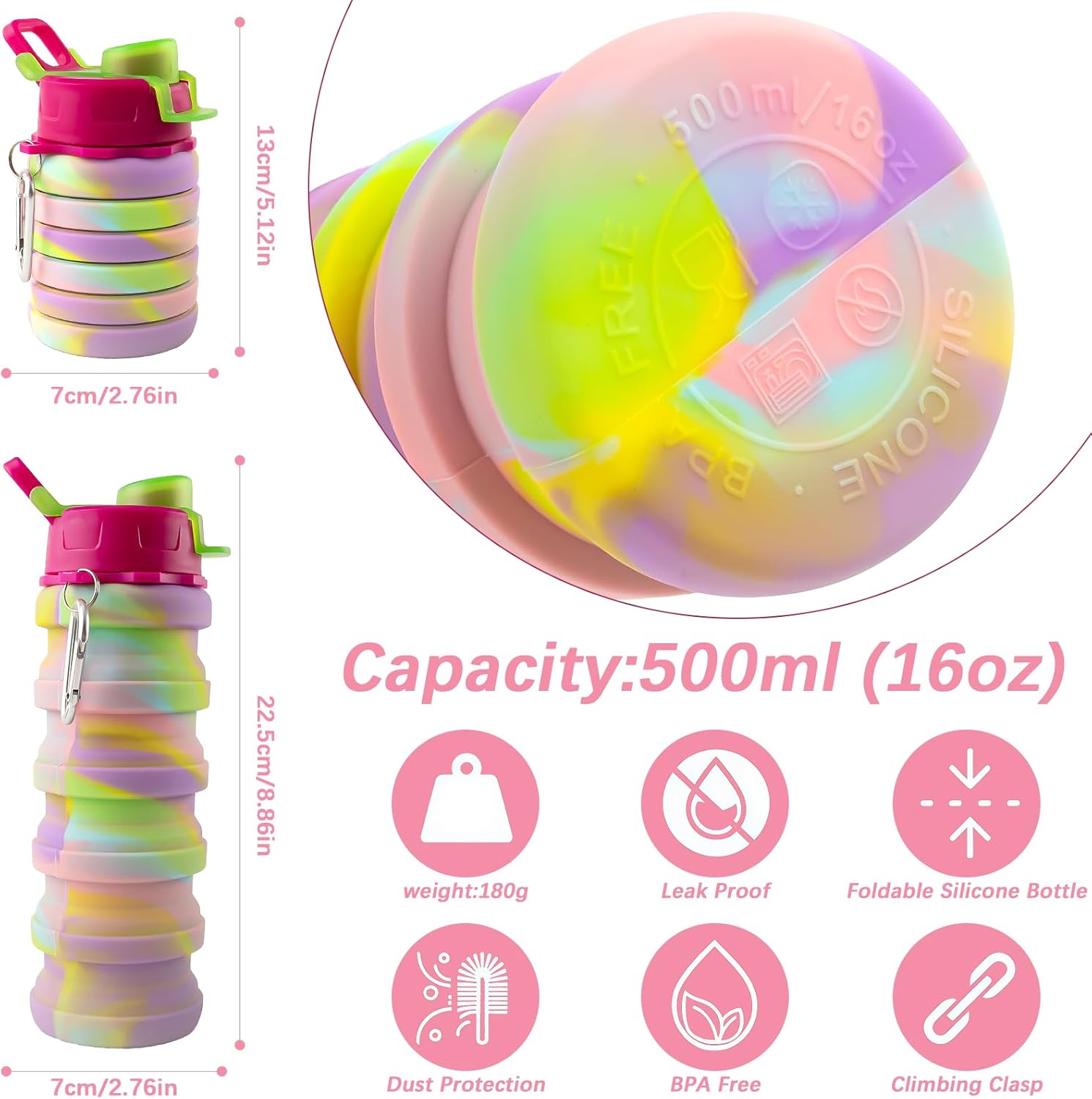 4 Pcs Collapsible Water Bottles 16 oz Portable Foldable Water Bottles Silicone Leak Proof Travel Water Bottle Reusable Sports Water Bottle with Metal Clip for Camping Hiking Travel