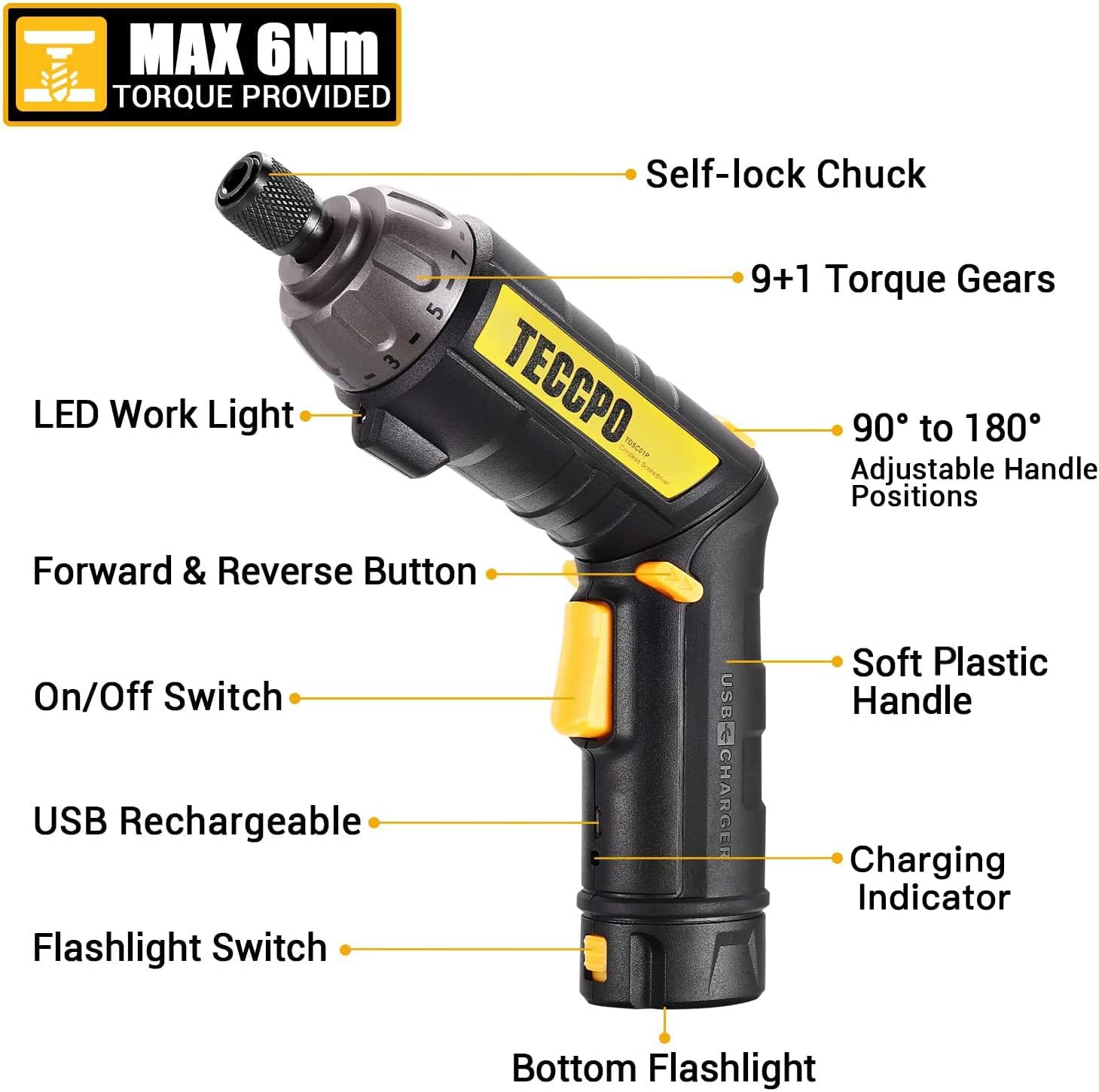 Electric Screwdriver, 6Nm, 45PCS Accessories, 9+1 Torque Gears, 1/4'' Hex Quick Change, Self-lock Chuck, Cordless Screwdriver, 4V 2000mAh Li-ion, Adjustable 2 Position Handle with 2 LED - Black : Tools & Home Improvement