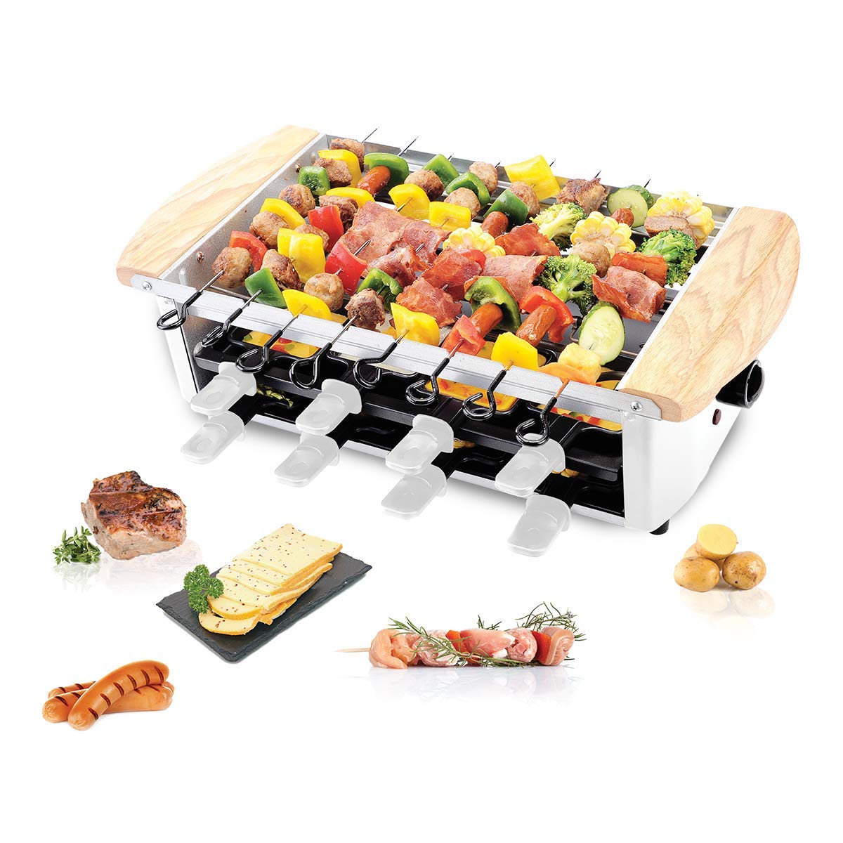 LITTLE BALANCE Raclette Alpes 1200-8 - Grill Électrique 8 Personnes - Brochettes avec Revêtement Anti-adhésif - Accessoires Fournis - 1200 W - Blanc & Noir