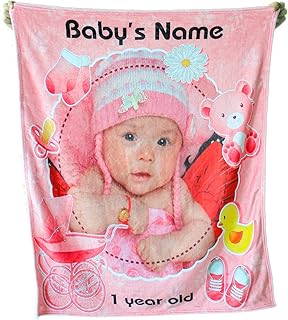 Custom Baby Blanket with Name Photo - Personalized Baby Blankets for Baby Girls Soft Flannel Fleece Customized Throw Blanket Baby Shower Blanket for Newborn Kids Toddler (Pink)