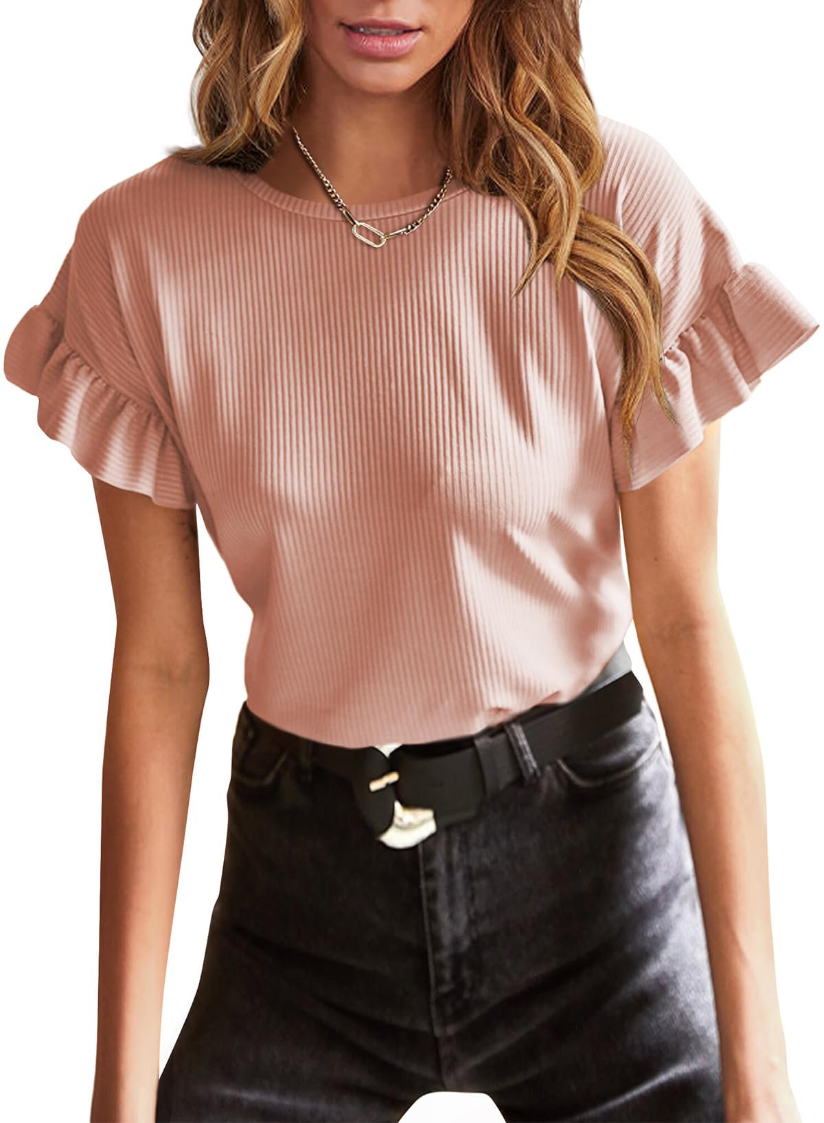 EVALESS Womens Summer Casual Tops Short Sleeve Ruffle Plain Round Neck T Shirts Ladies Knit Loose Fit Tee Tops Blouses