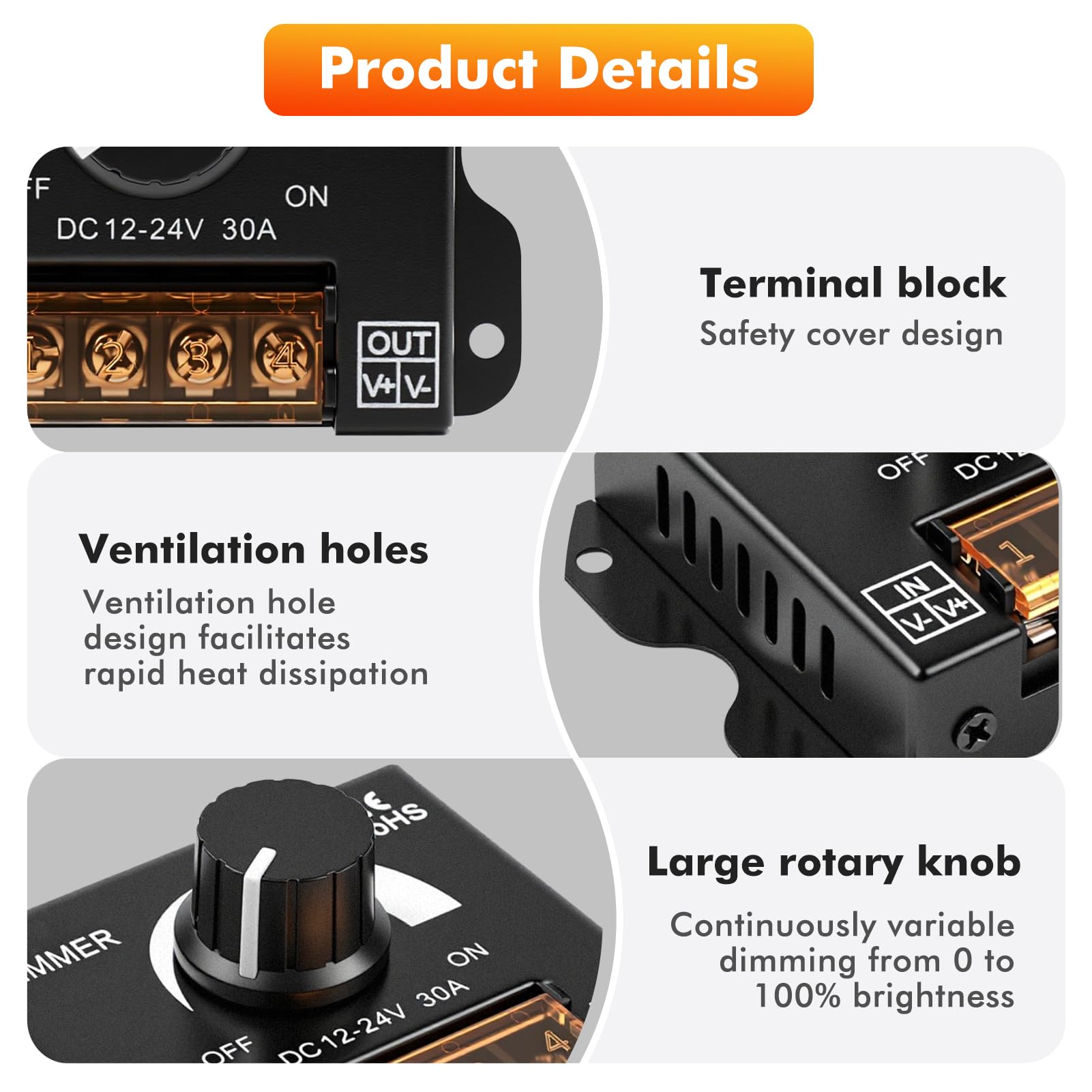 Controlador dimmer led DC12V-24V 30A PWM Dimming interruptor regulador de intensidad led con mando giratorio de ajuste de brillo Apto para tiras de luces LED